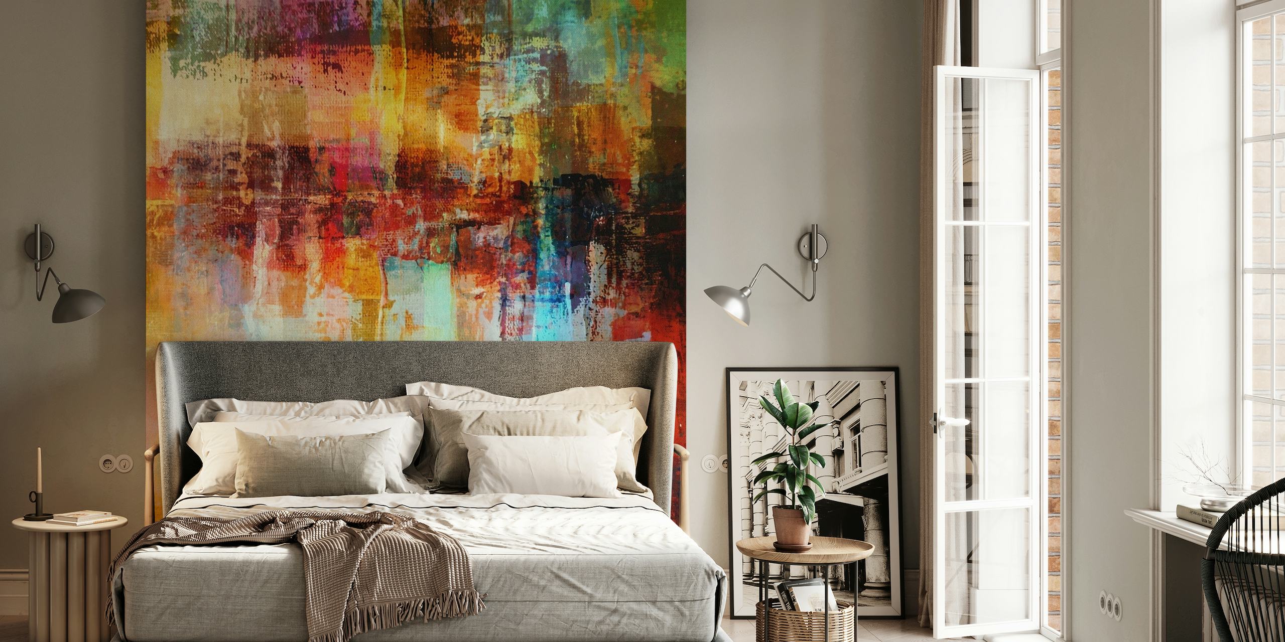 Abstract urban landscape wall mural with a fusion of warm and cool tones