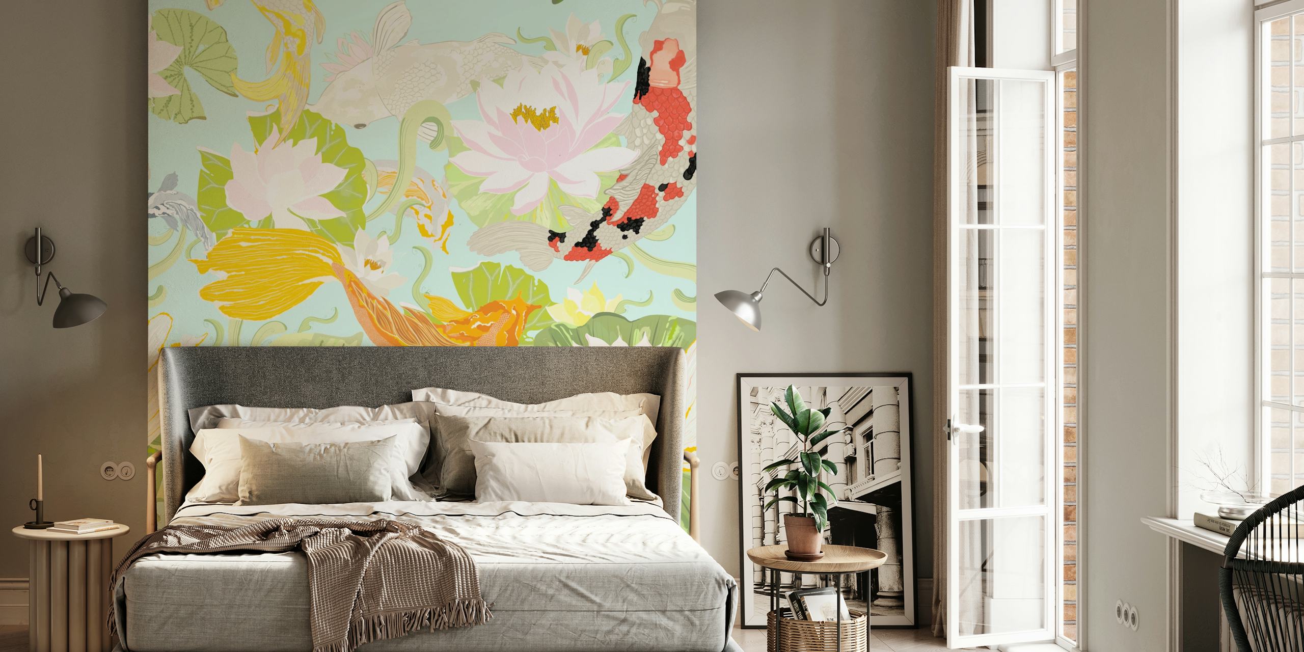 Utsuri wallpaper featuring koi fish and lotus flowers