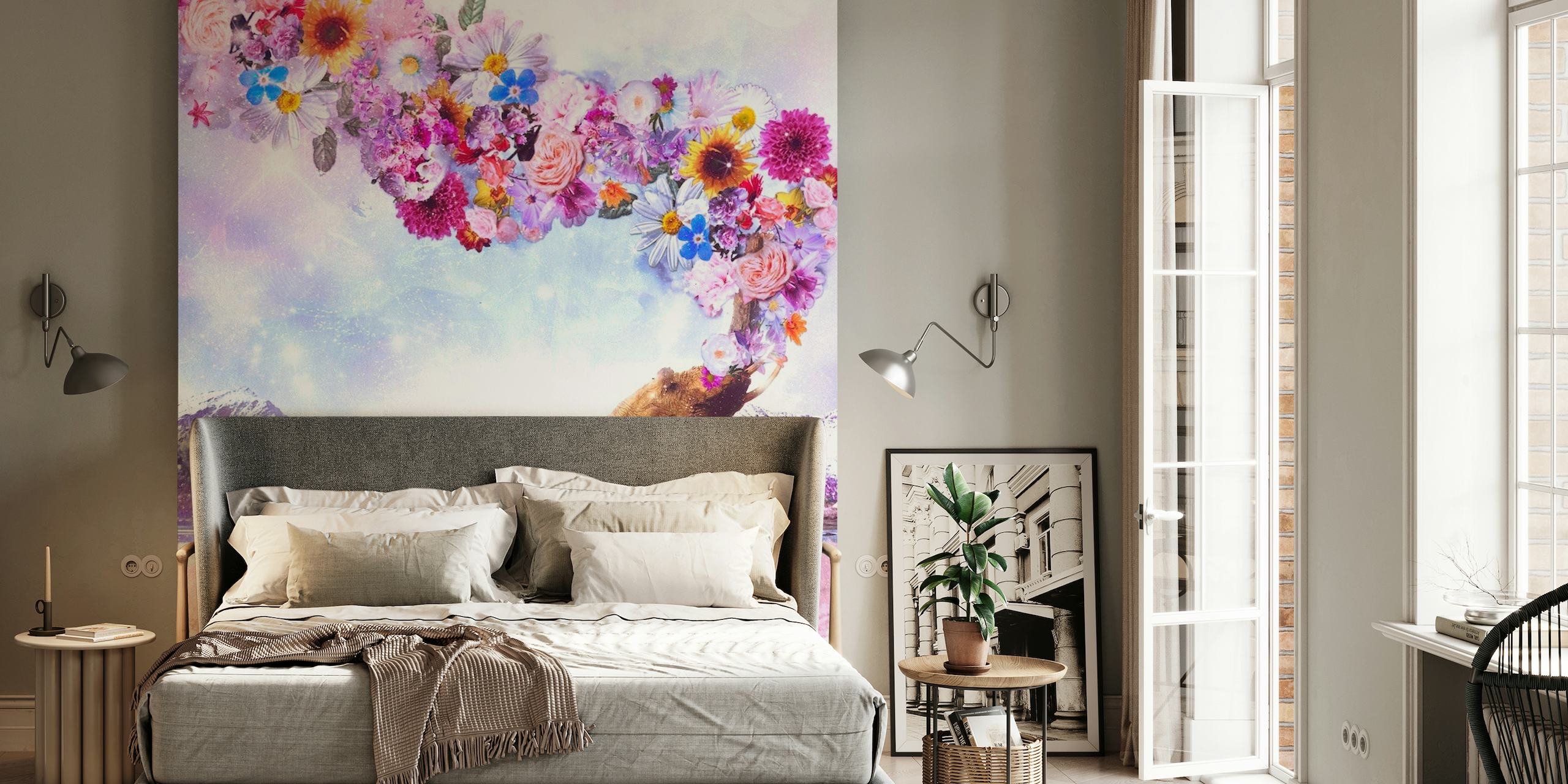 Elephant with floral crown wall mural in a snowy mountain setting