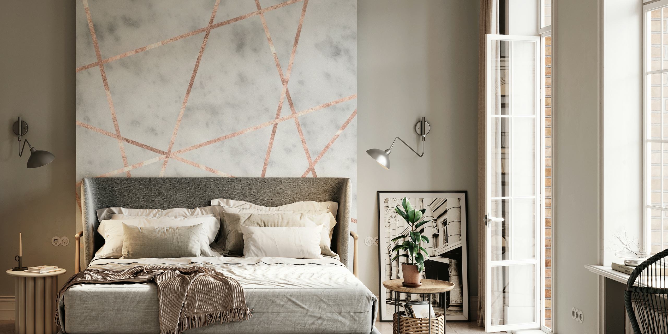 Elegant marble wall mural with rose gold geometric lines