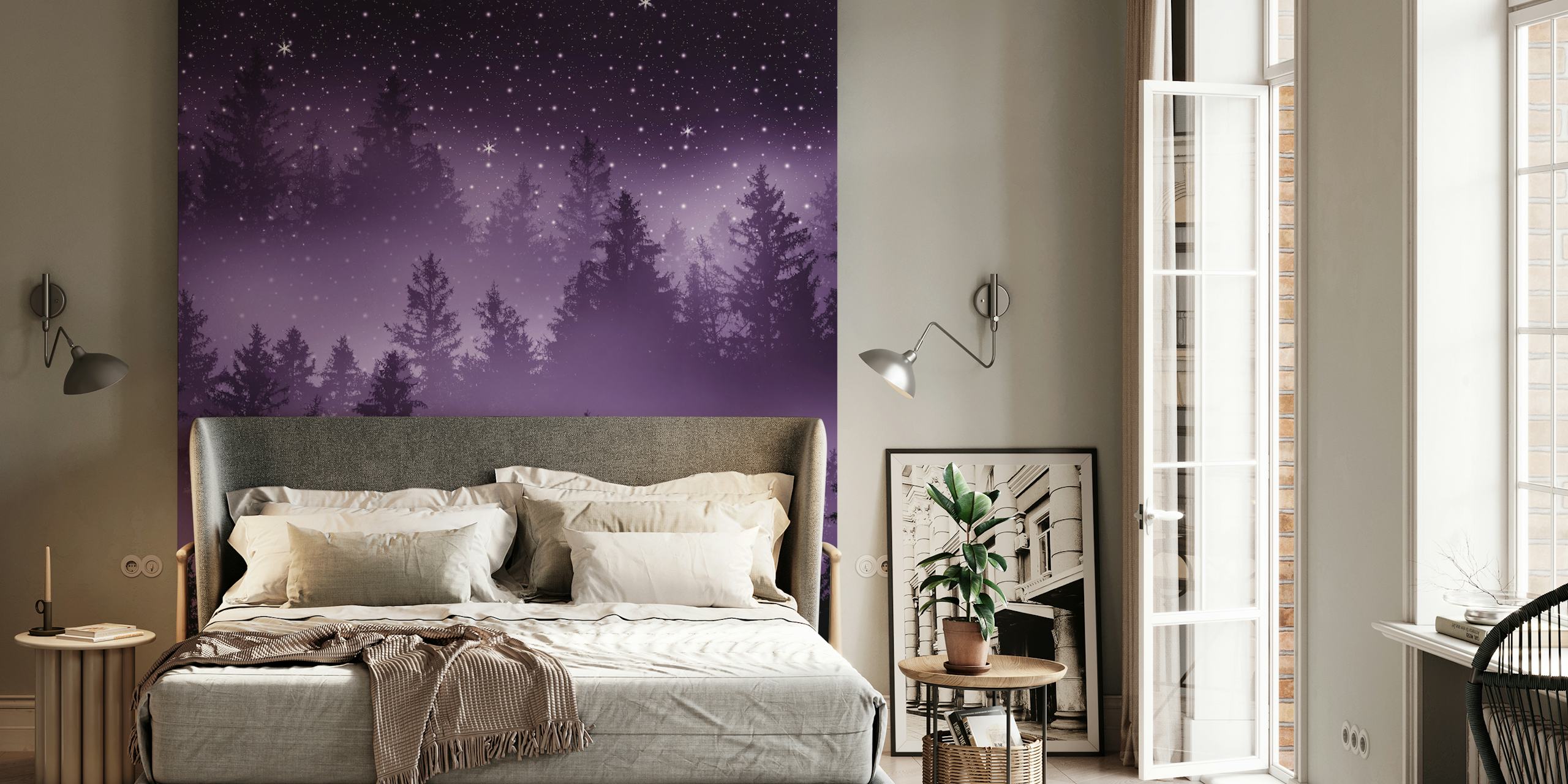 Purple forest silhouette against a starry night sky wallpaper