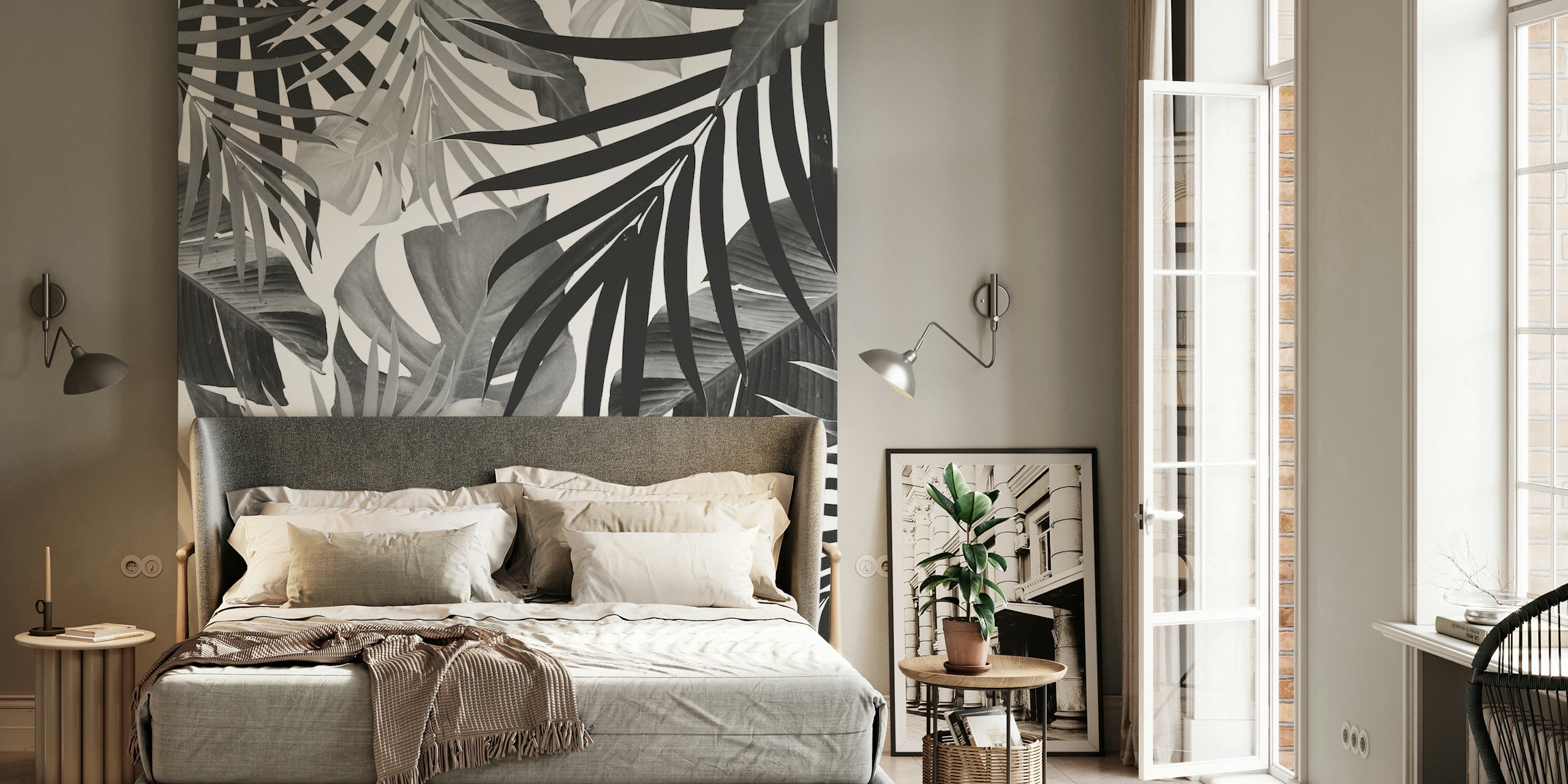Tropical leaves patterned black and white wallpaper