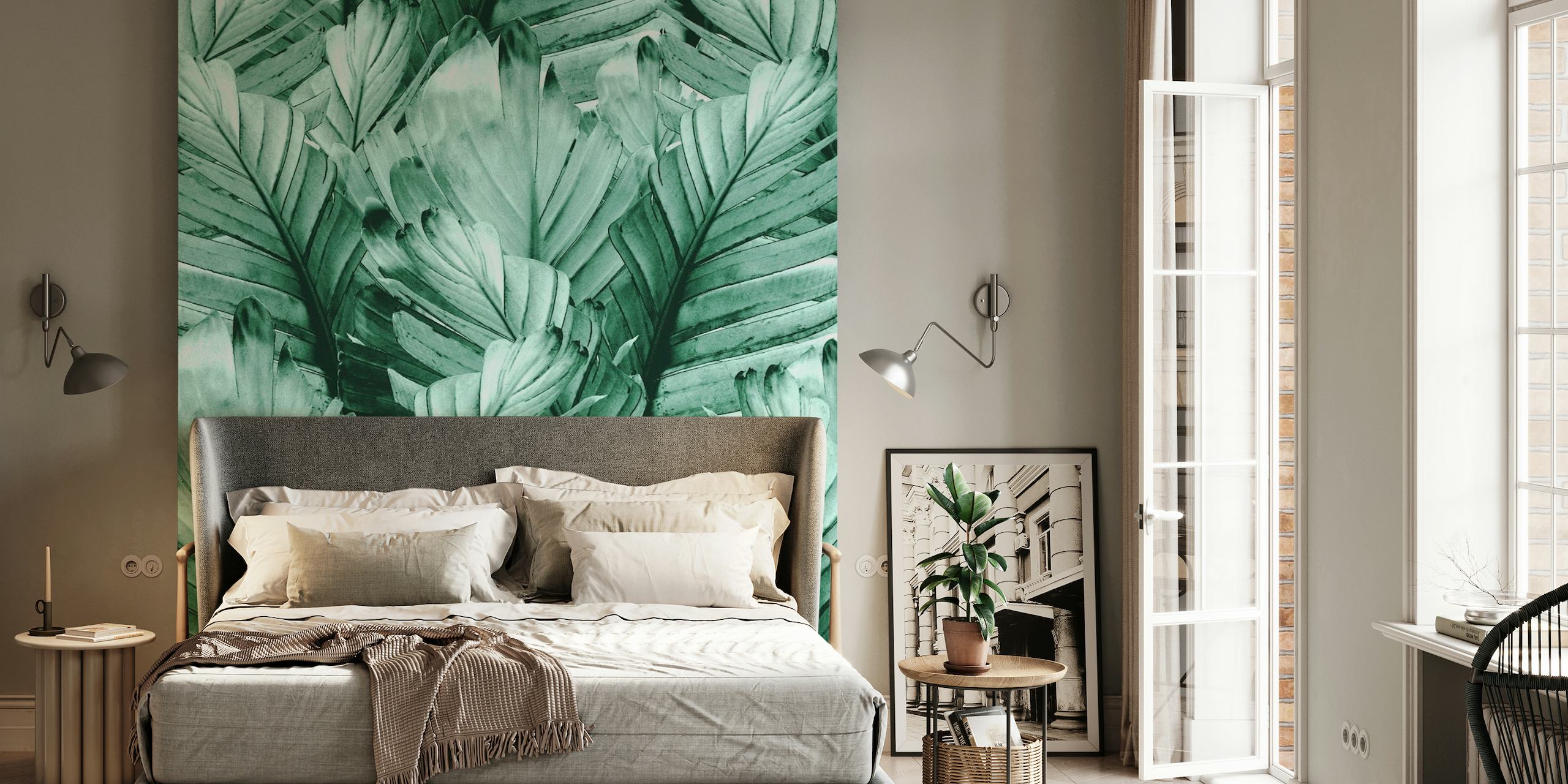 Veggmaleri med grønne bananblader med detaljerte teksturer i tropisk stil