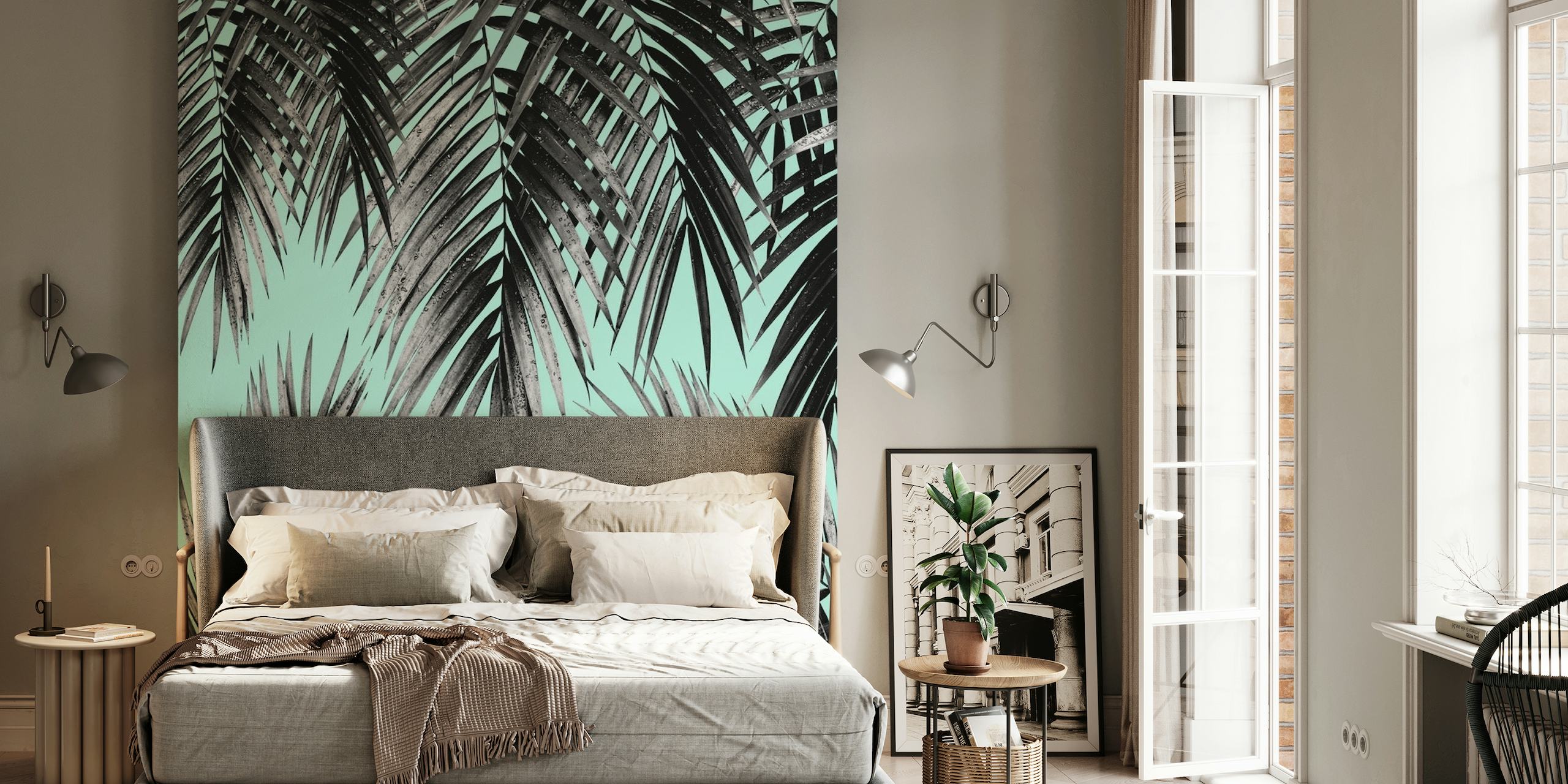 Patrón de hojas de palmeras tropicales sobre fondo verde azulado para mural de pared