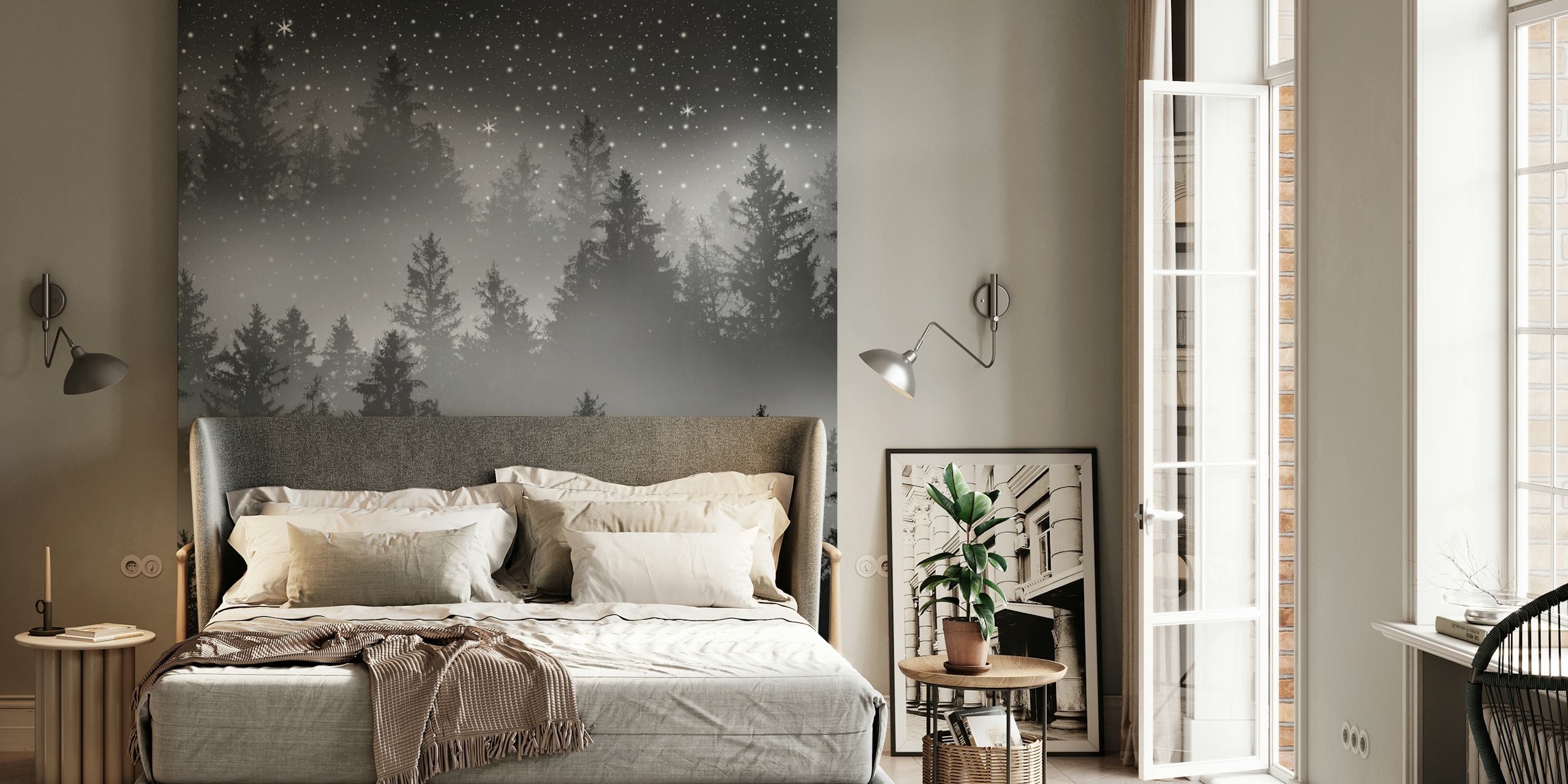 Black and white wall mural depicting a forest under a starry night sky