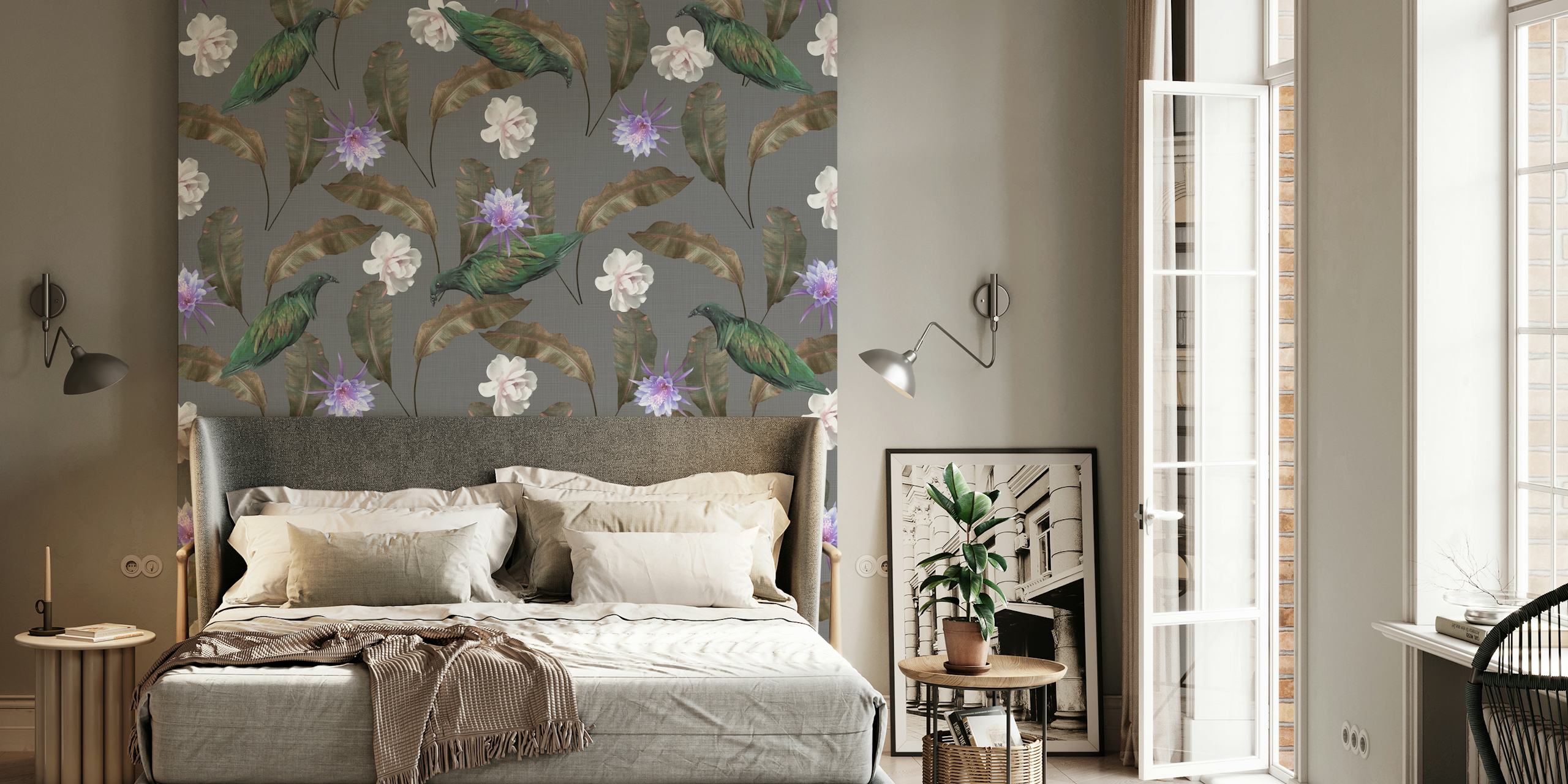 Vintage floral wallpaper with green birds, white flowers, and purple accents