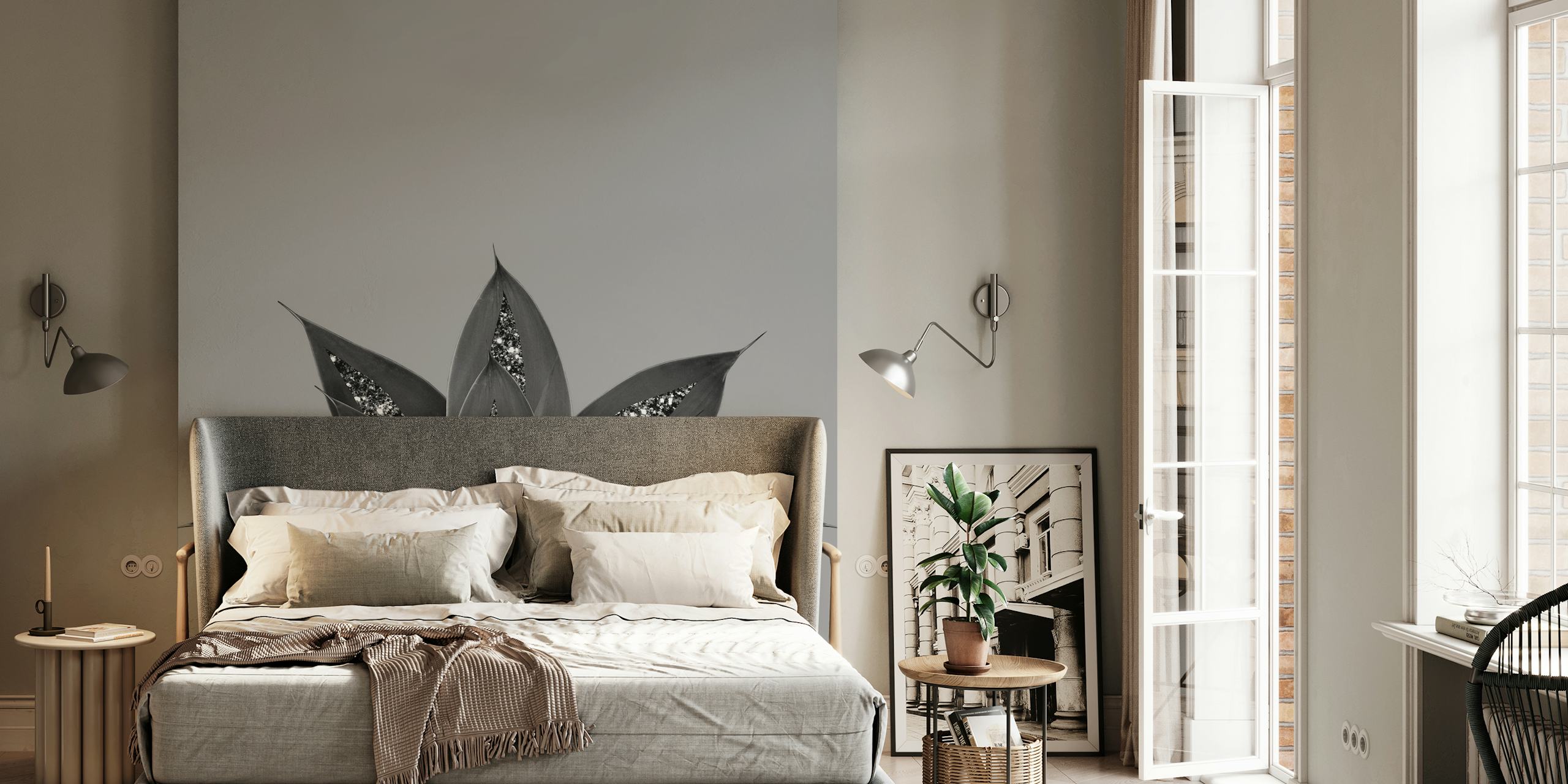 Black agave plant with glittery accents on gray background wallpaper