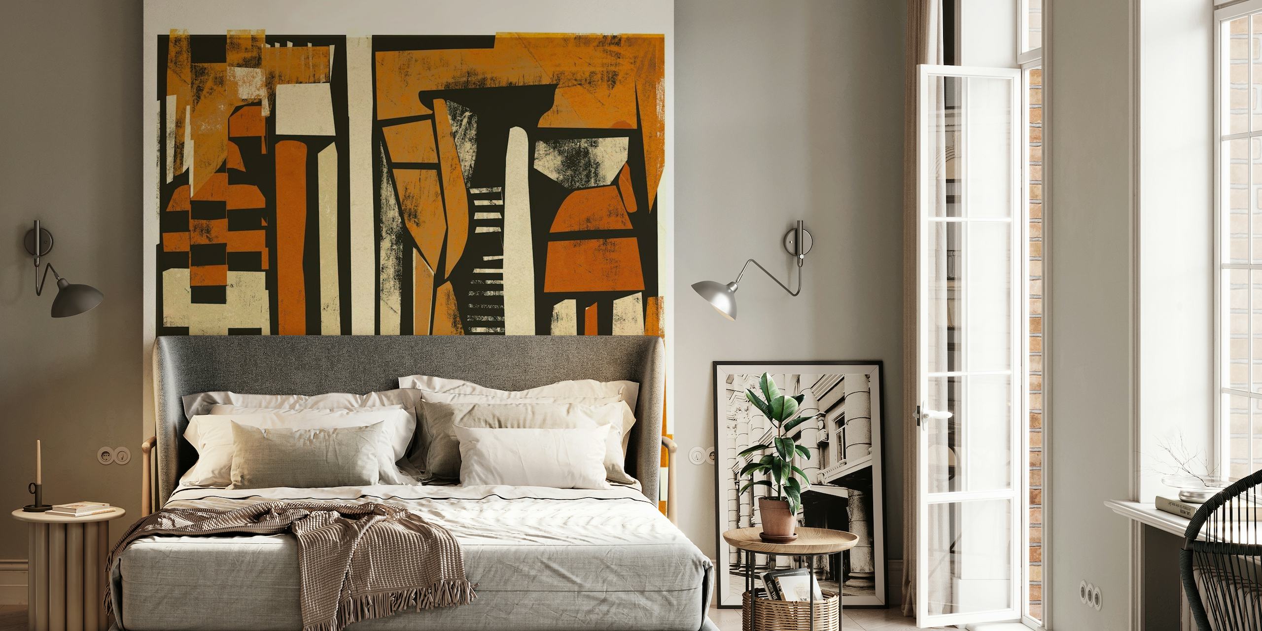 Abstract geometric shapes wall mural with earthy tones