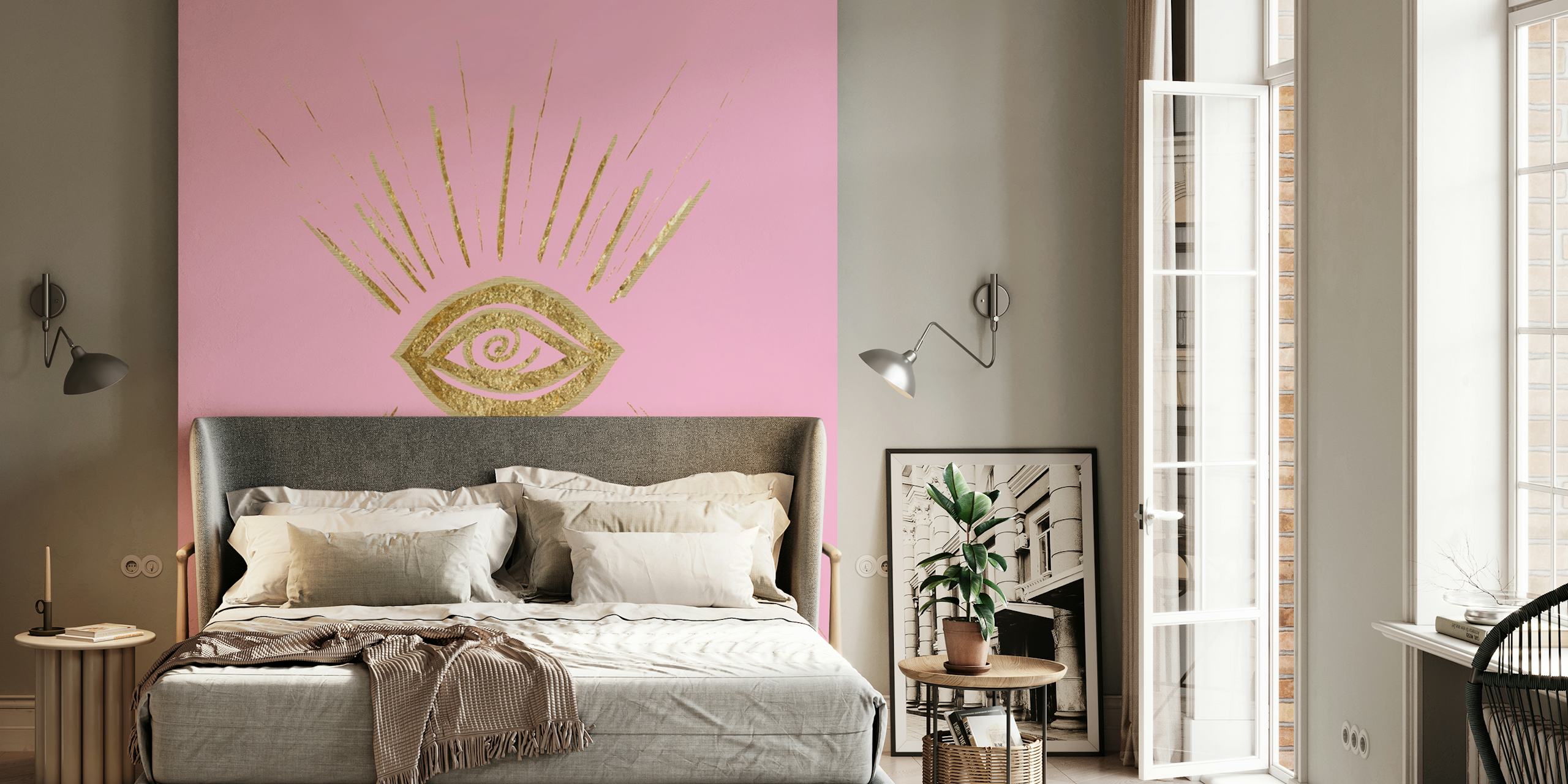 Evil Eye Gold on Pink papel pintado en una habitación