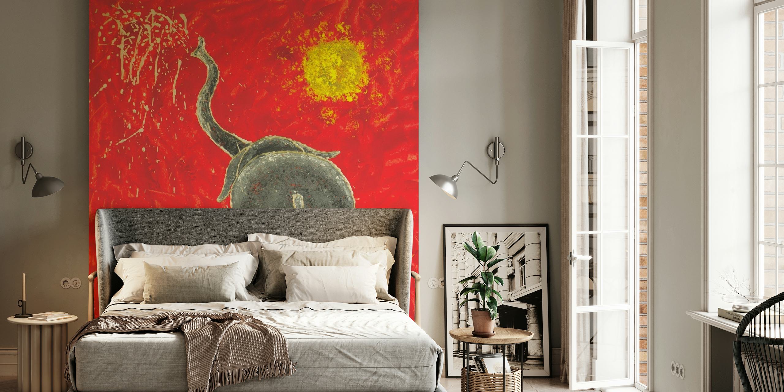 Artistieke muurschildering van een speelse olifant in abstracte stijl met een rode achtergrond en gele zon
