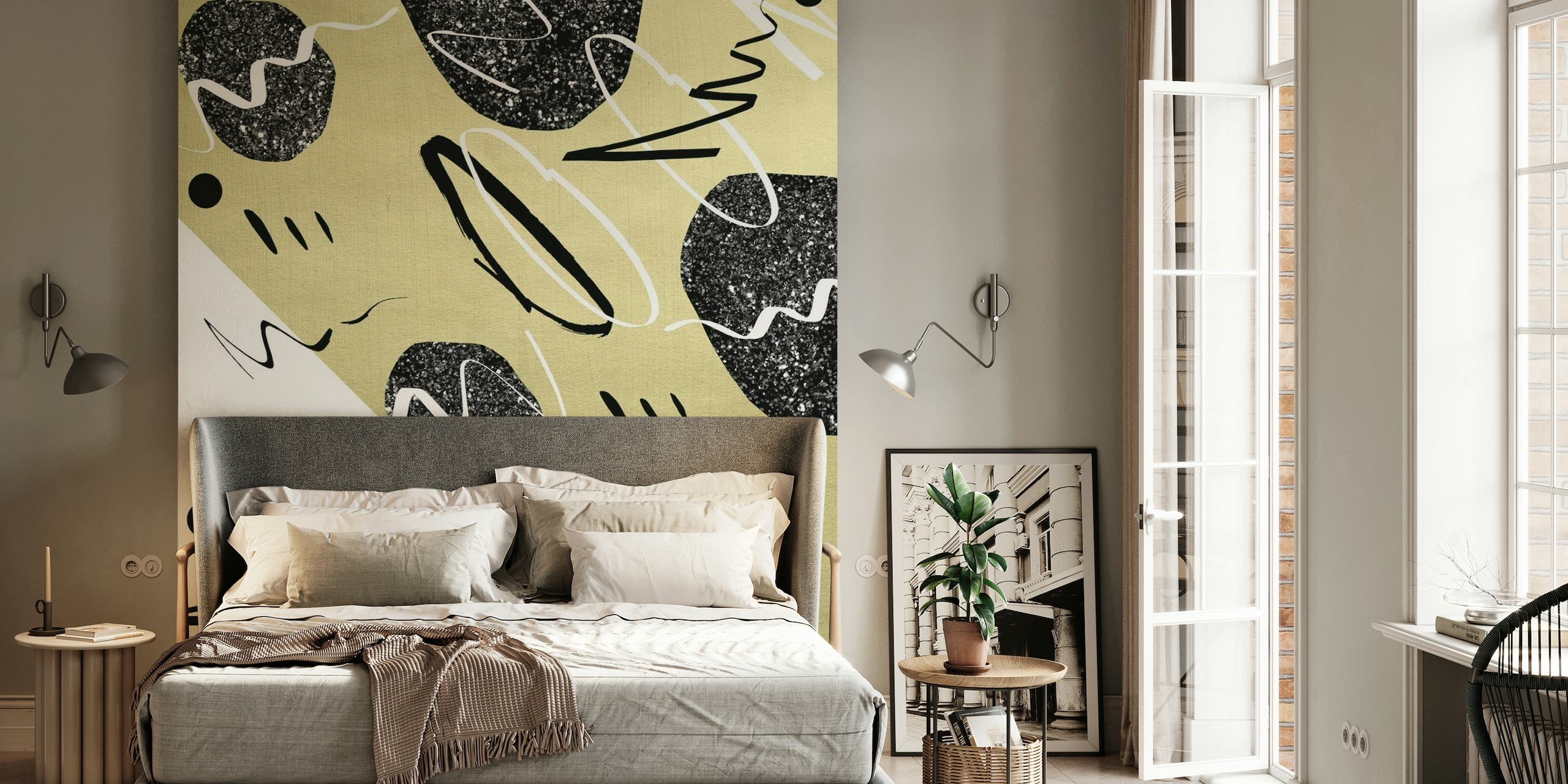 Zlatni, crni i bijeli apstraktni geometrijski zidni mural