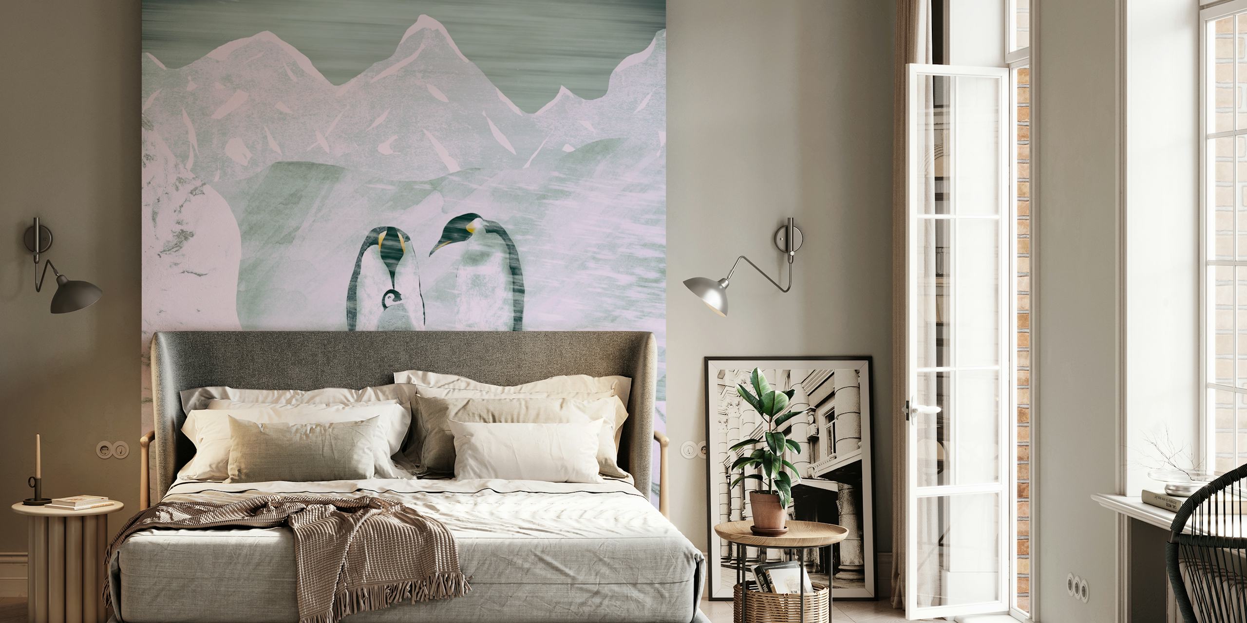 Penguin family tapet i et koselig rom