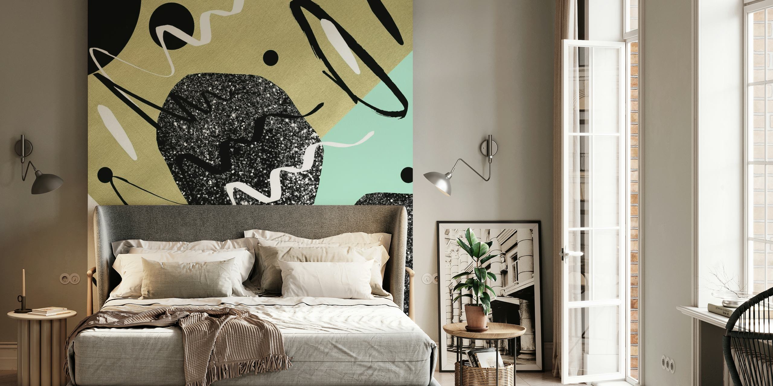 Gold Mint Black Abstract 1 wall mural featuring geometric shapes and lines in mint green, gold, and black.