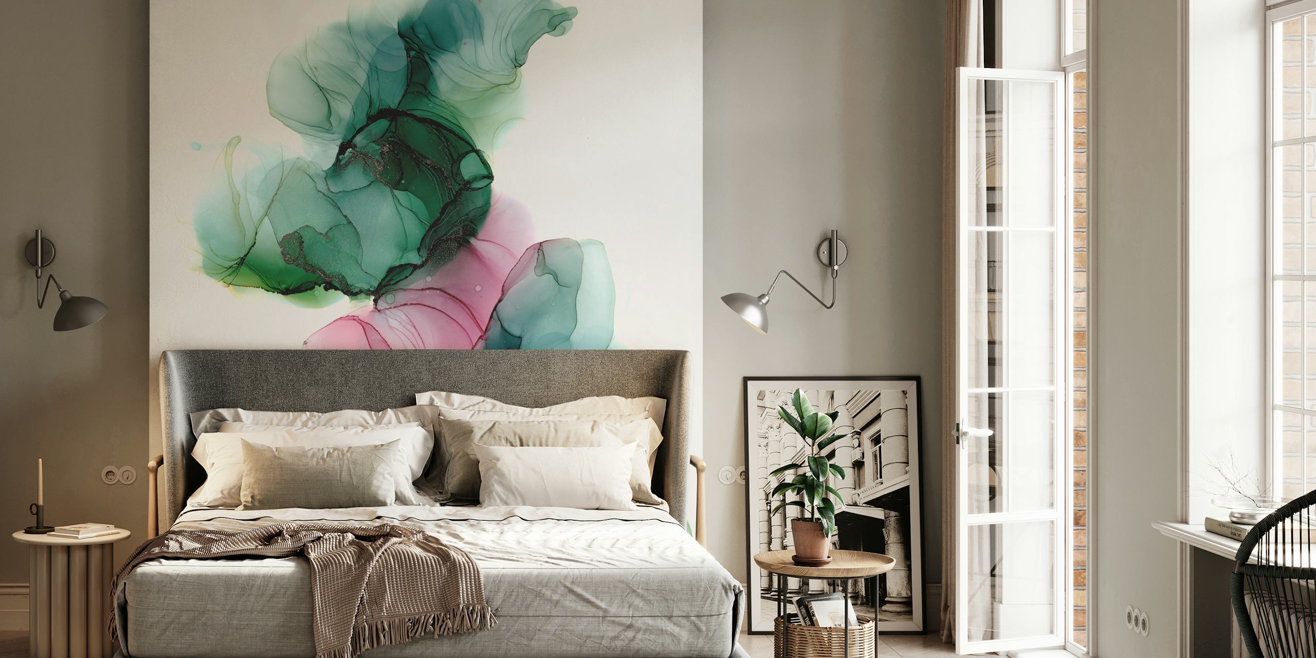 Fotomural vinílico abstrato da parede do lago com nenúfares em tons suaves de rosa, verde e azul.