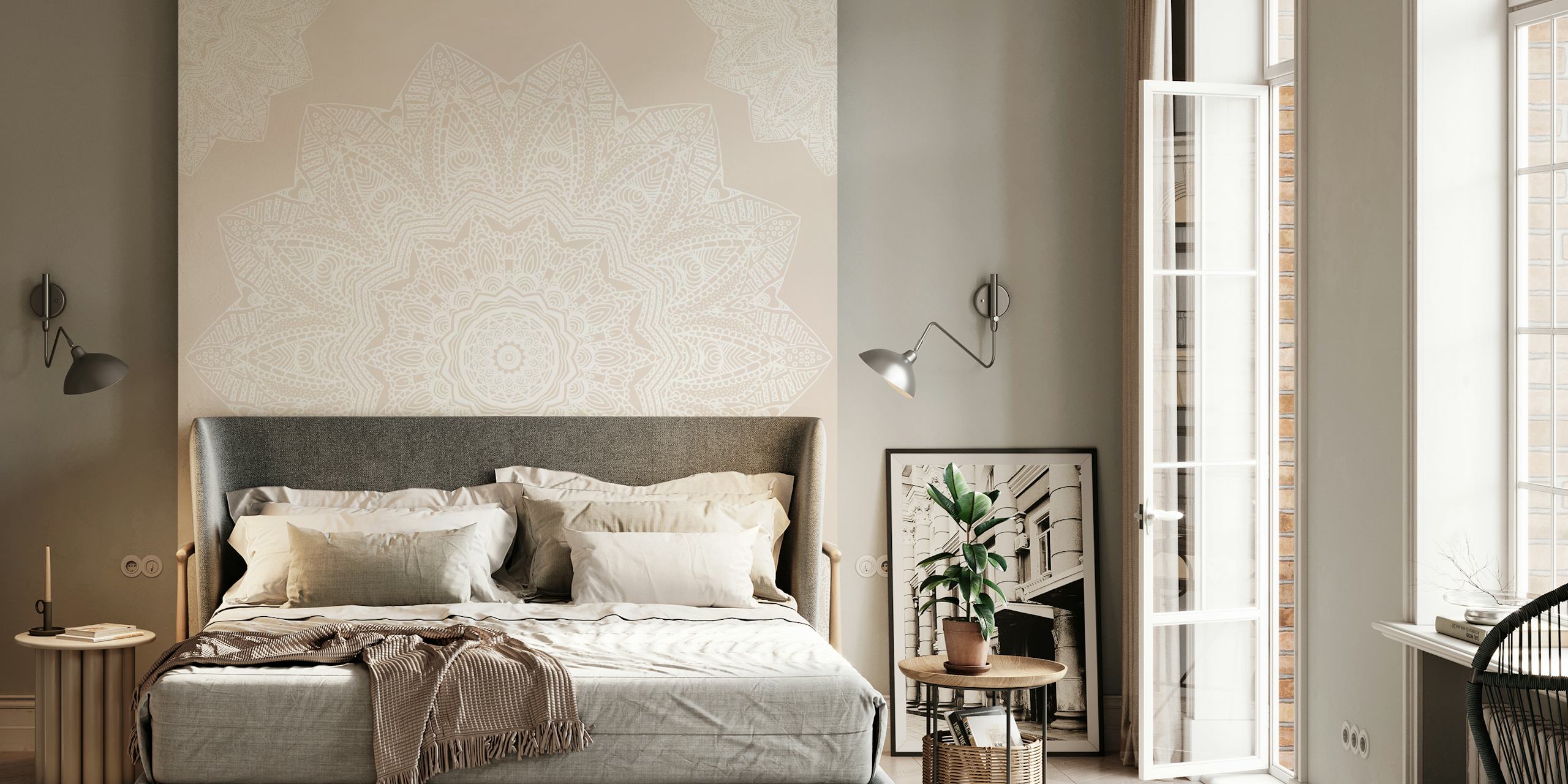 Beige mandala wallpaper in a room