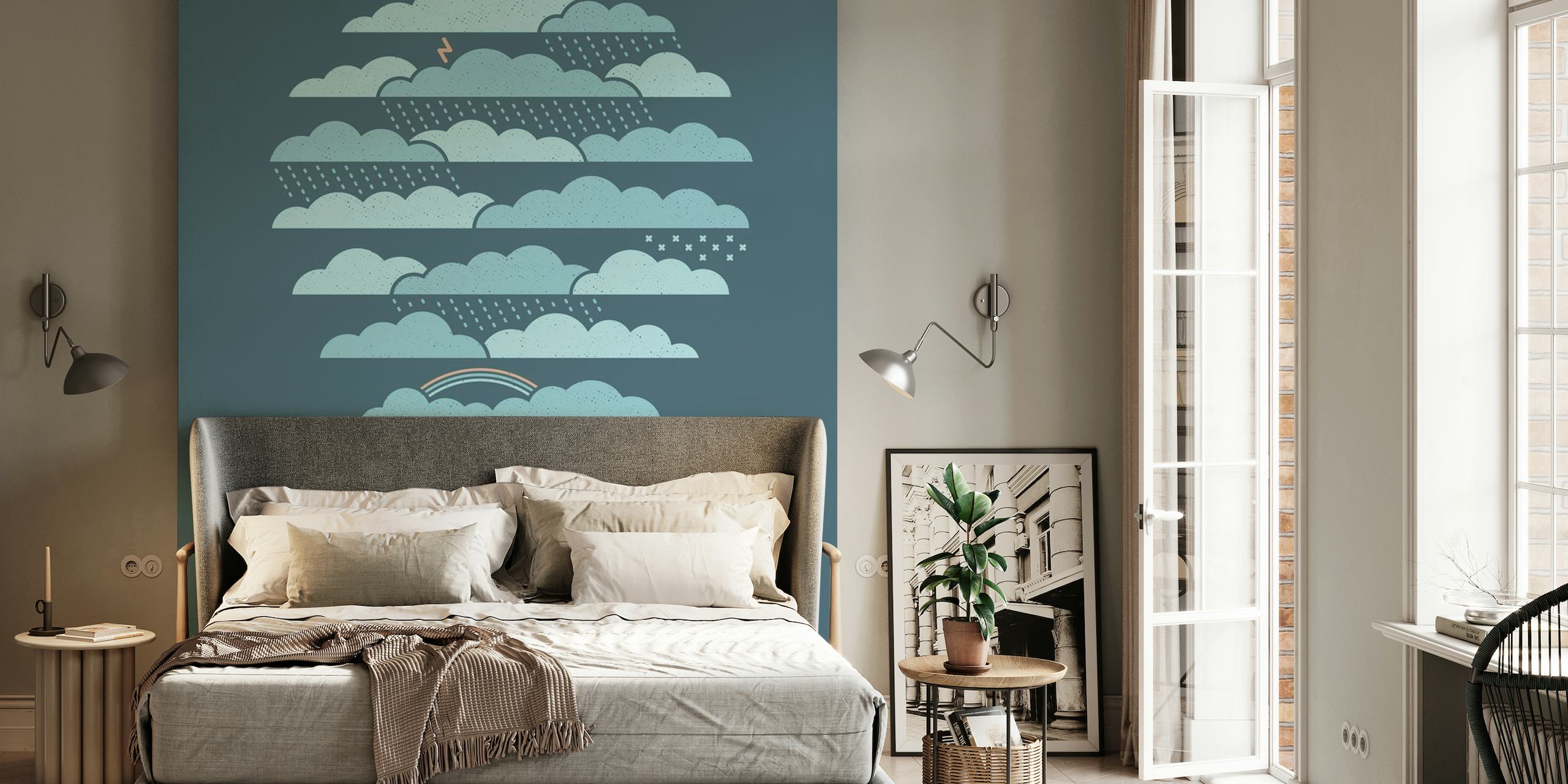 Stiliserad väderballong som svävar bland skiktade moln i nyanser av blå väggmålning