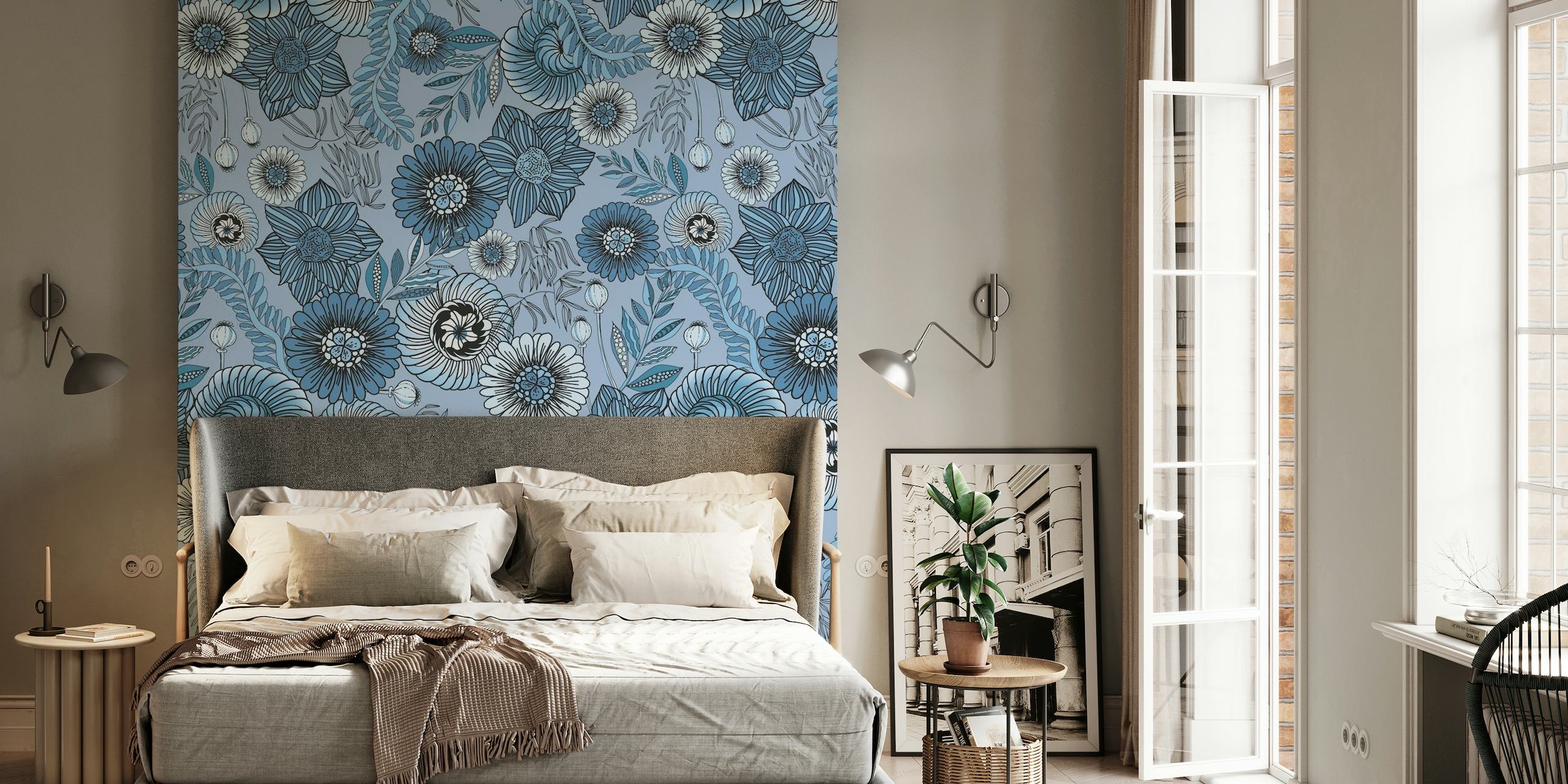 Fotomural vinílico de parede de flores azuis temperamentais com intrincados padrões florais em tons de azul.