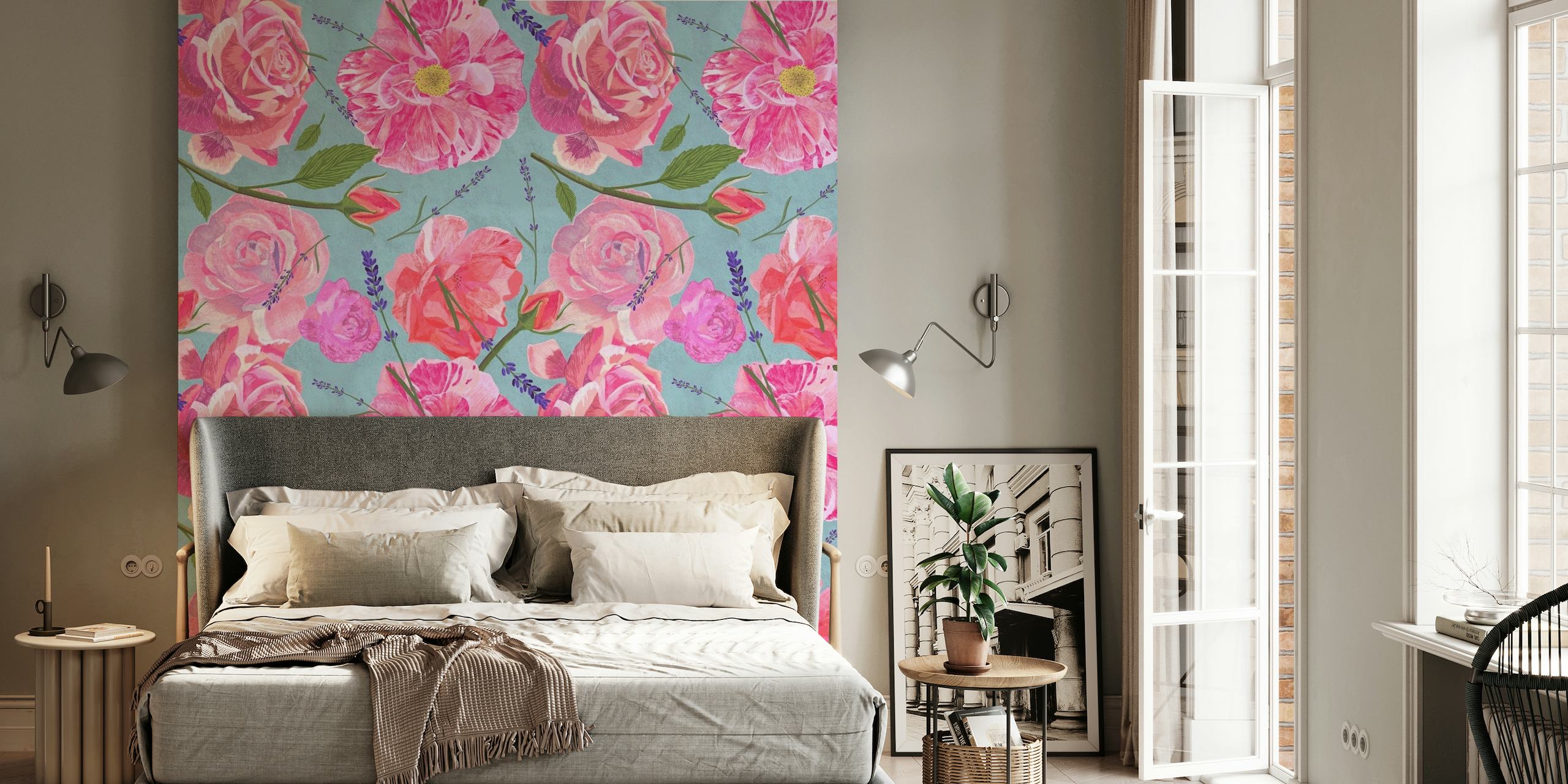 Wild roses - on teal wallpaper