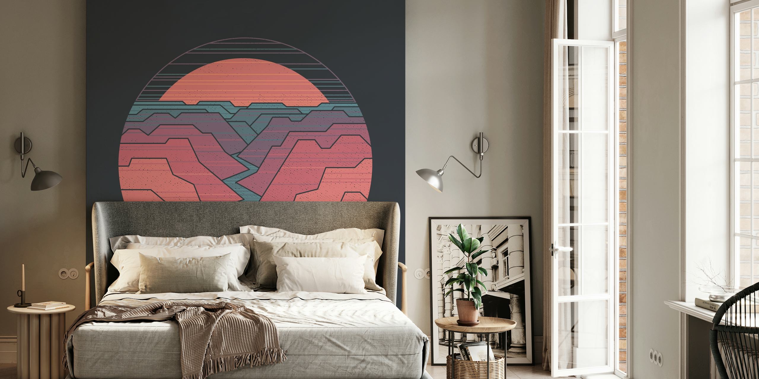Canyon River artwork featuring pastel layered mountains and a river wall mural