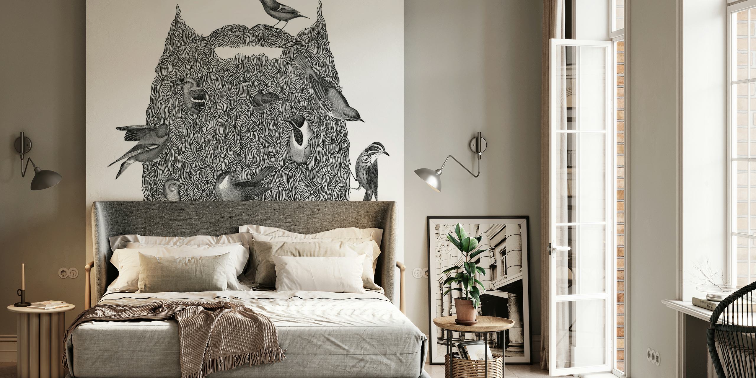 Graphic wall mural depicting birds in a beard-like formation in black and white