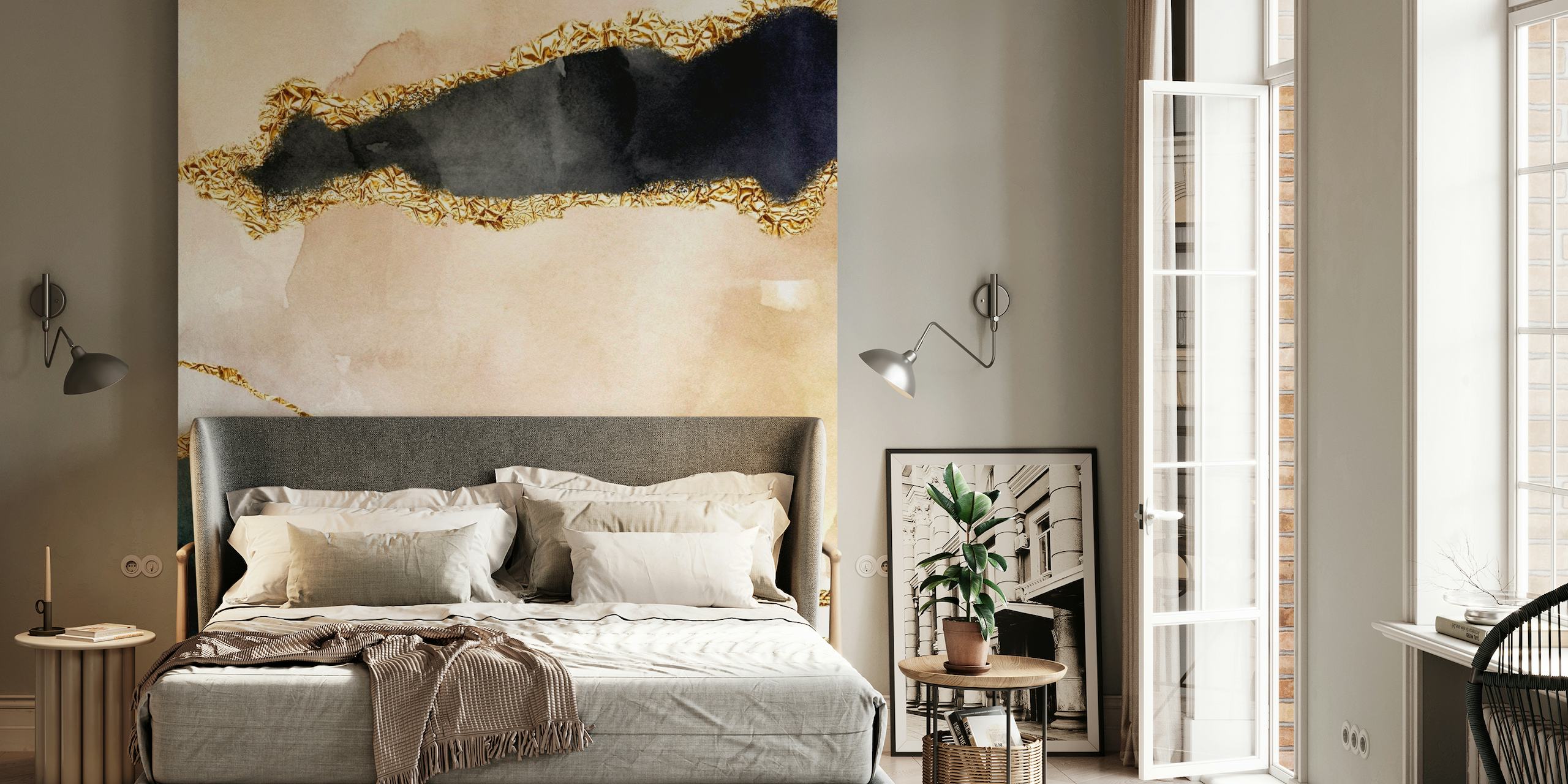 Abstract landschapsfotobehang met marineblauwe, gouden en crèmekleurige aquareltexturen