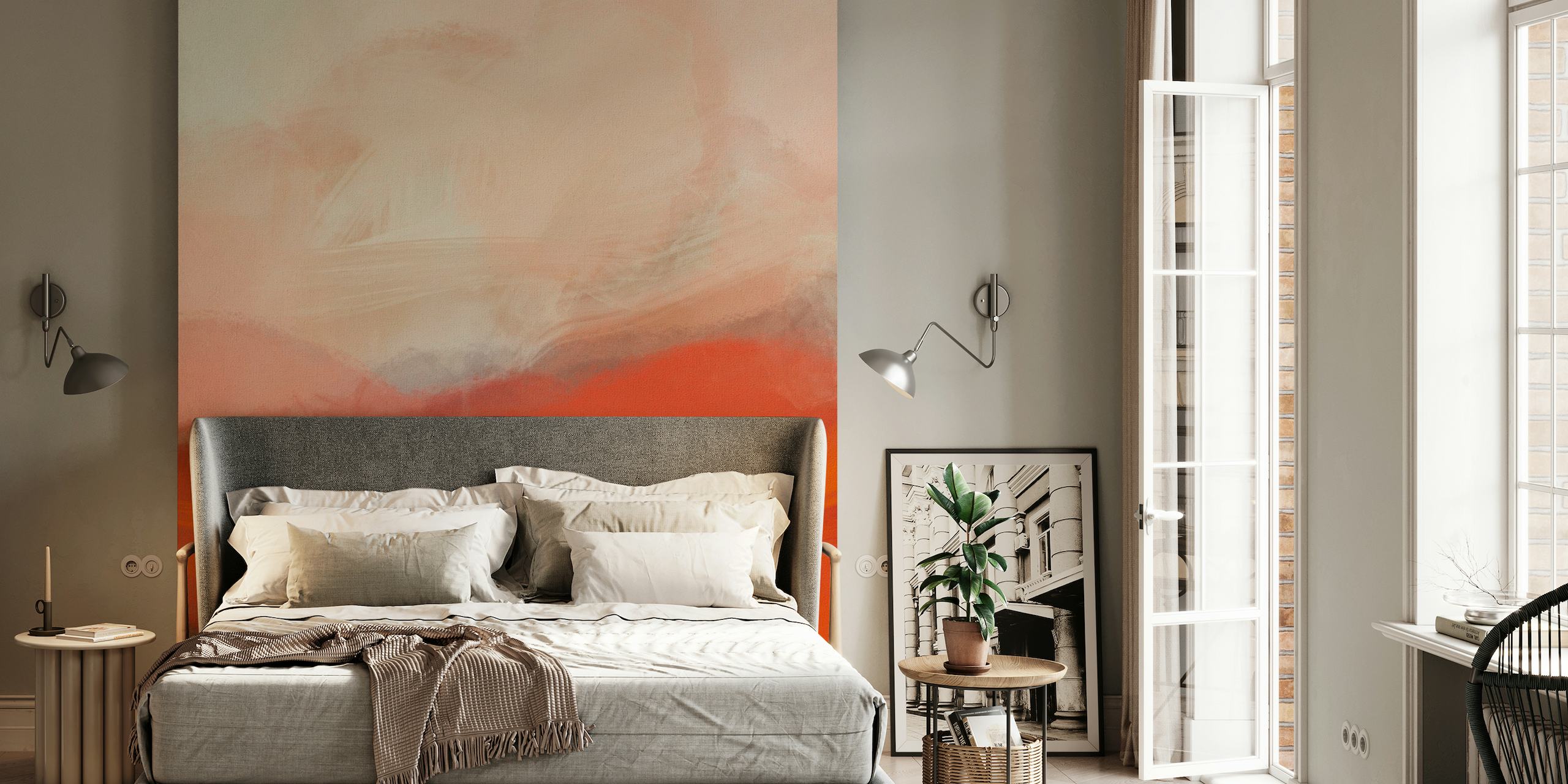 Abstract red earth toned wall mural with a dynamic blend of warm colors