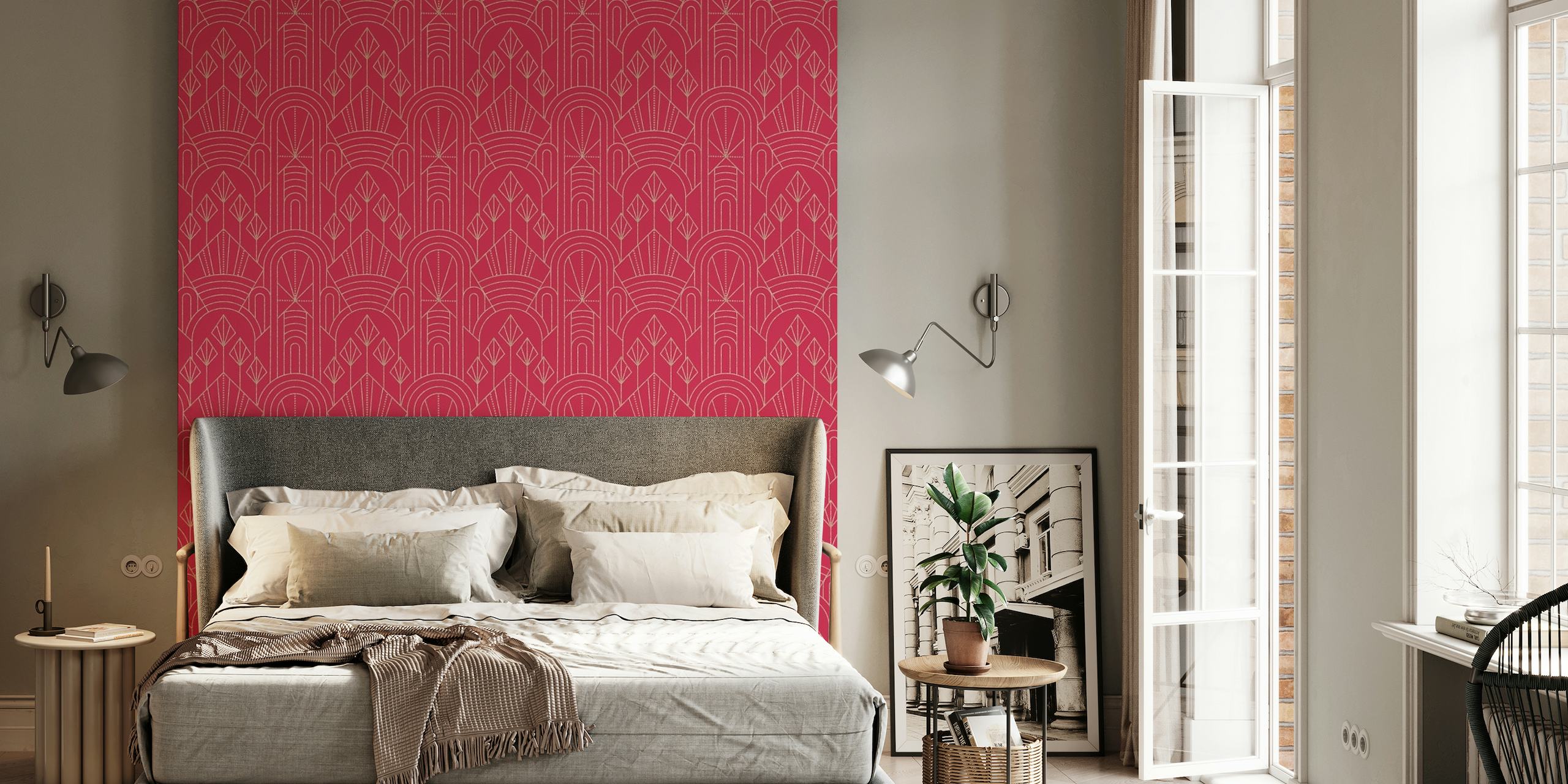 Viva Magenta Art Deco pattern wall mural featuring geometric and stylized floral motifs