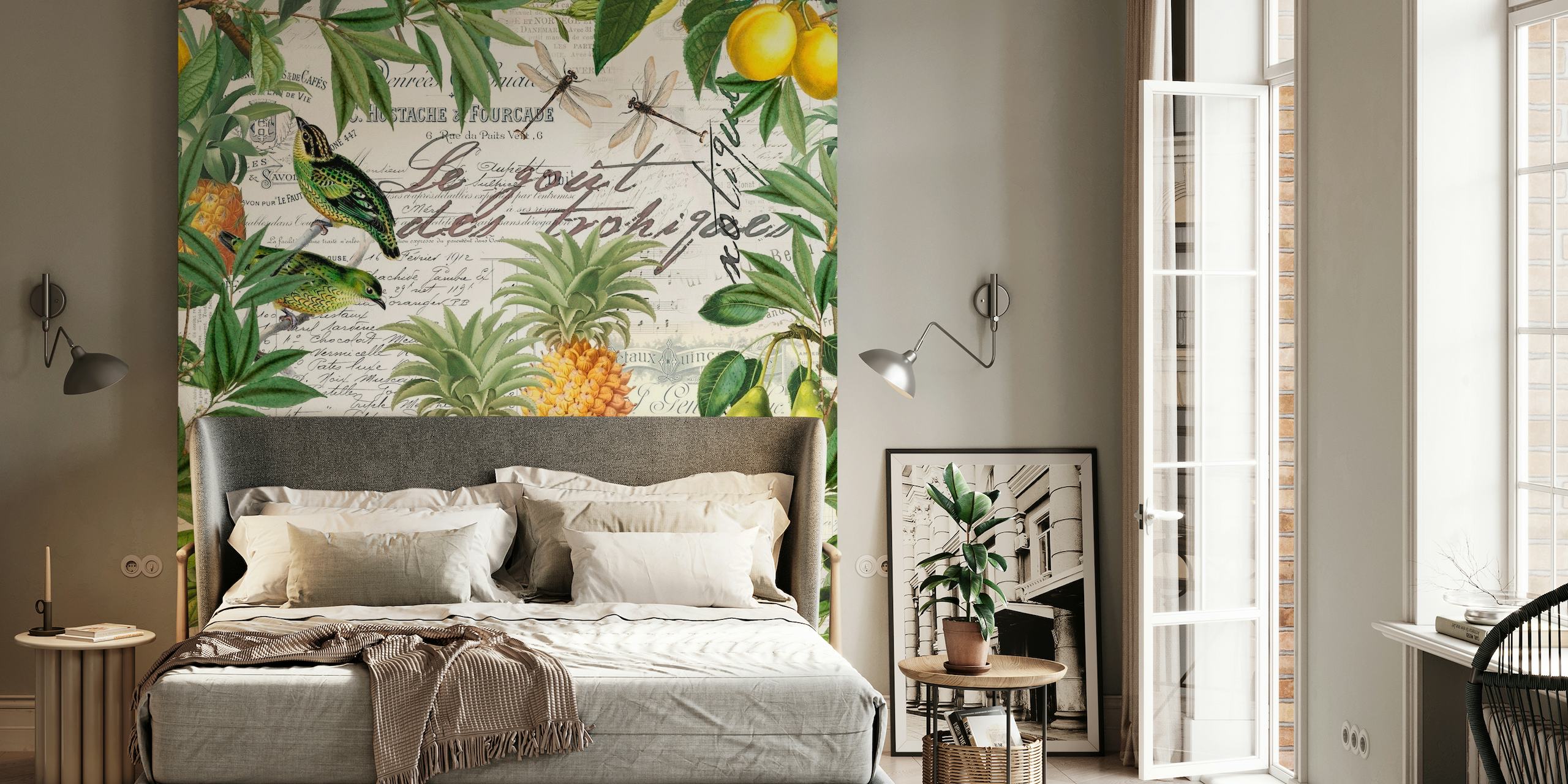 Vintage style wall mural with tropical pineapples and lush greenery on a historical text background