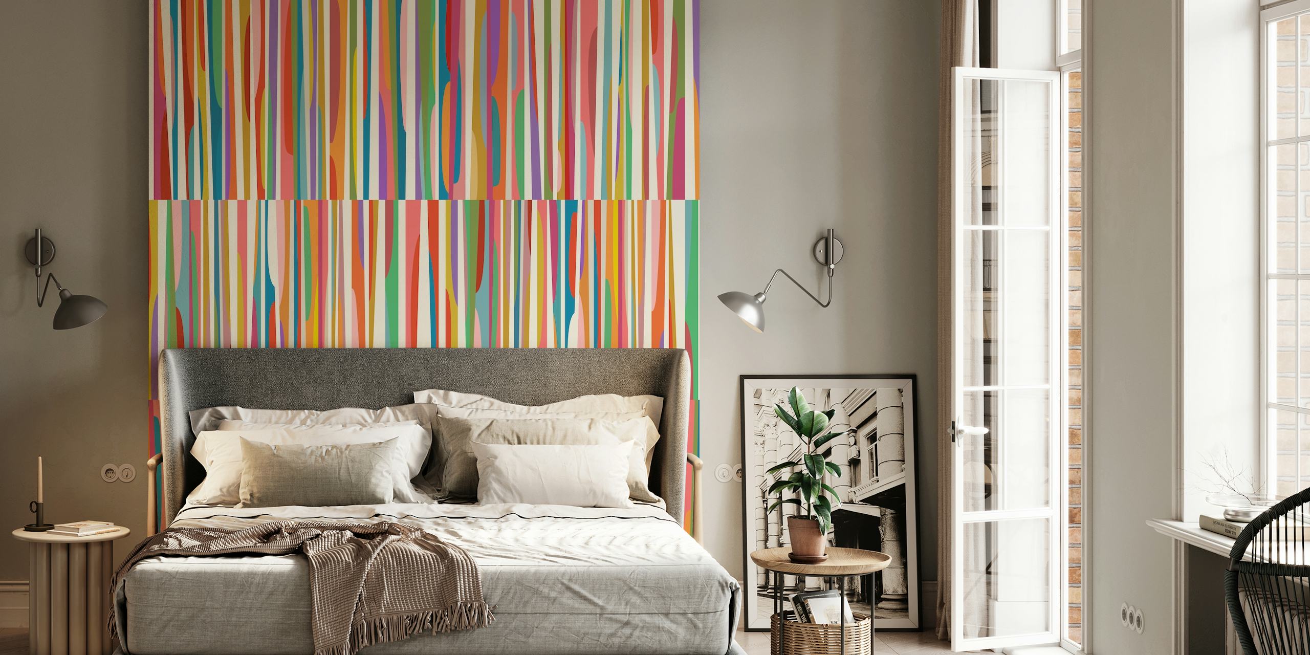 Colorful striped abstract wallpaper design with red, blue, green, and yellow hues