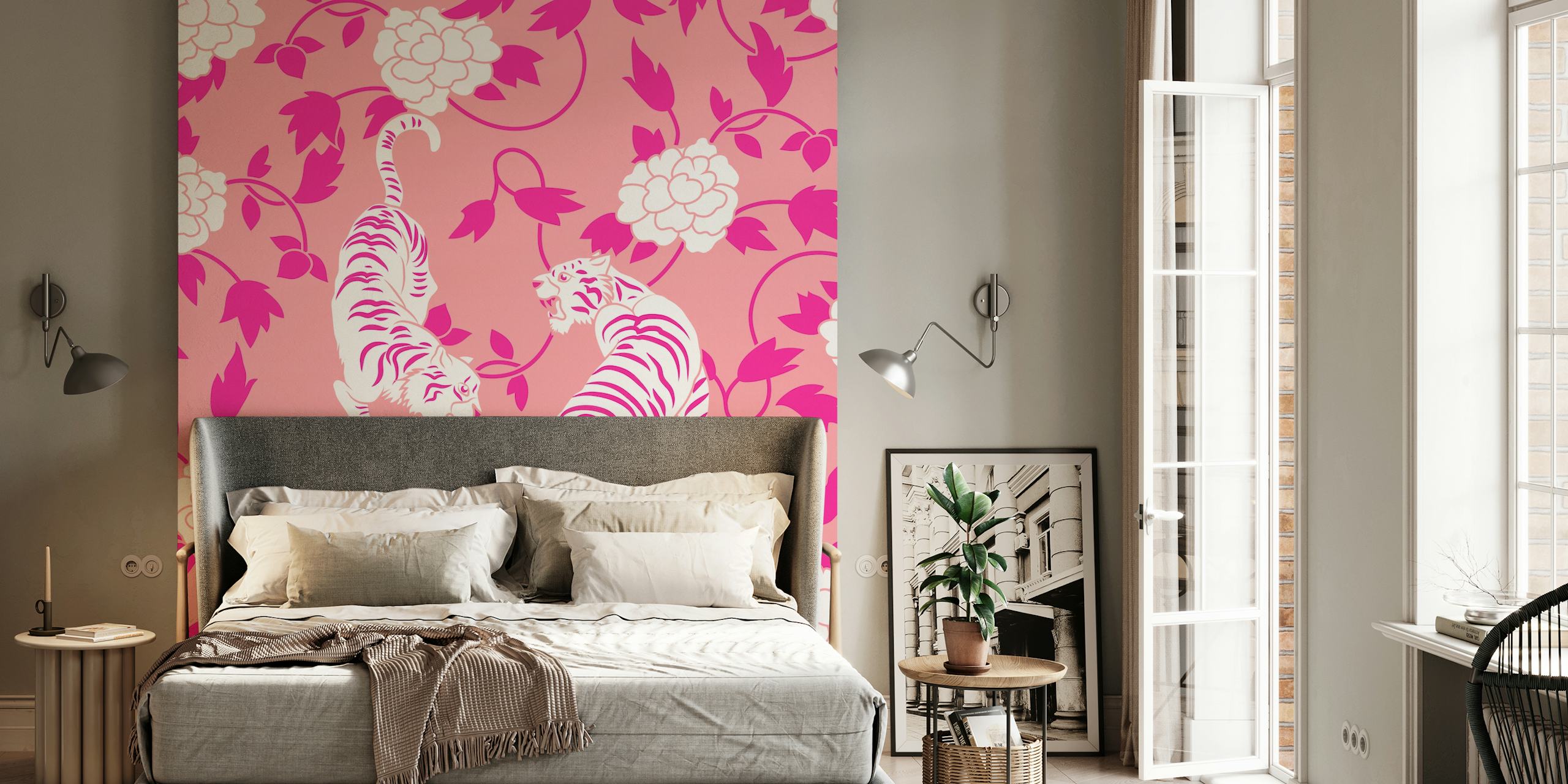 Vintage Chinese pink tigers mural in a room