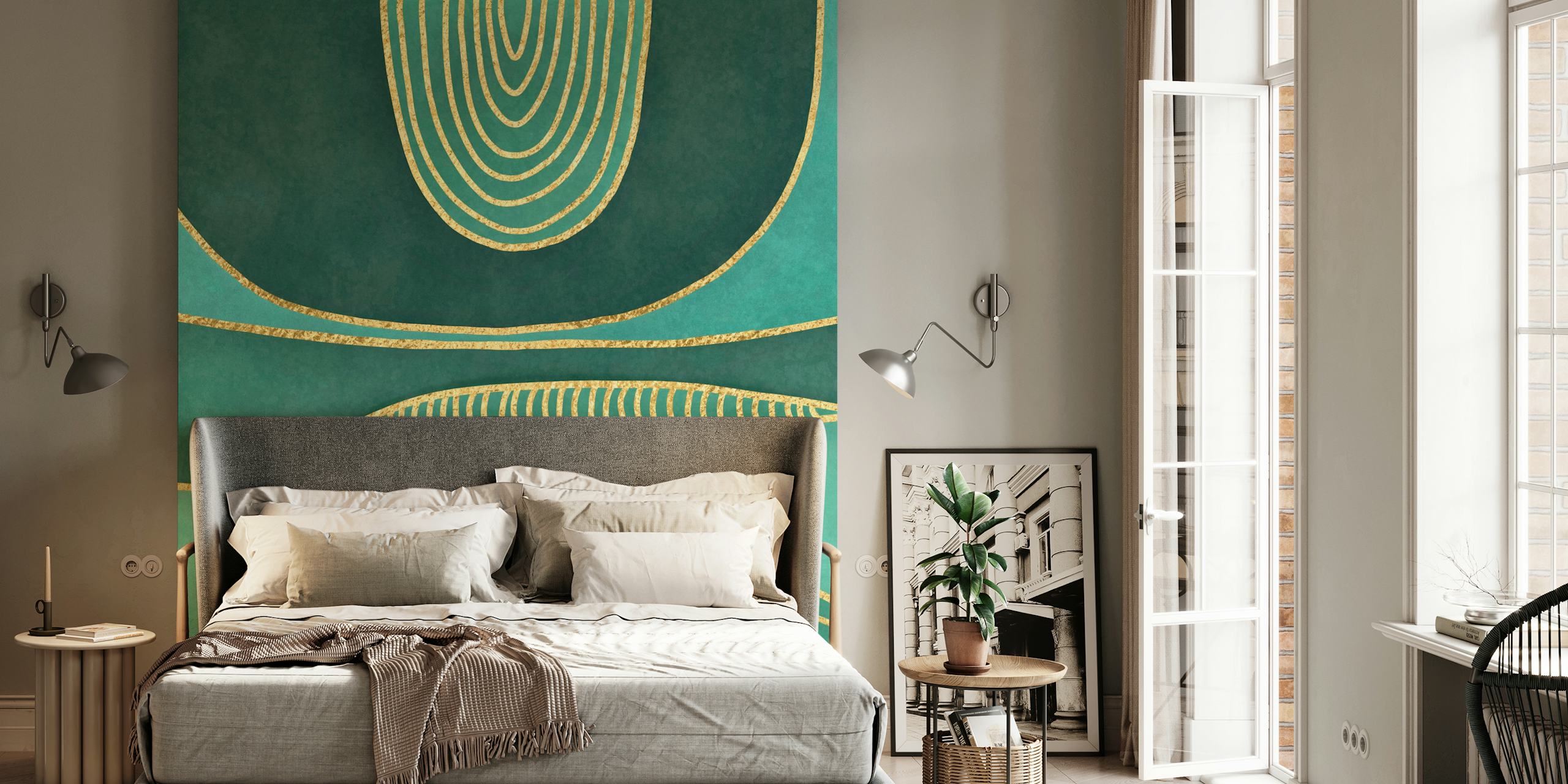 Mid-century behang Teal Green en Gold