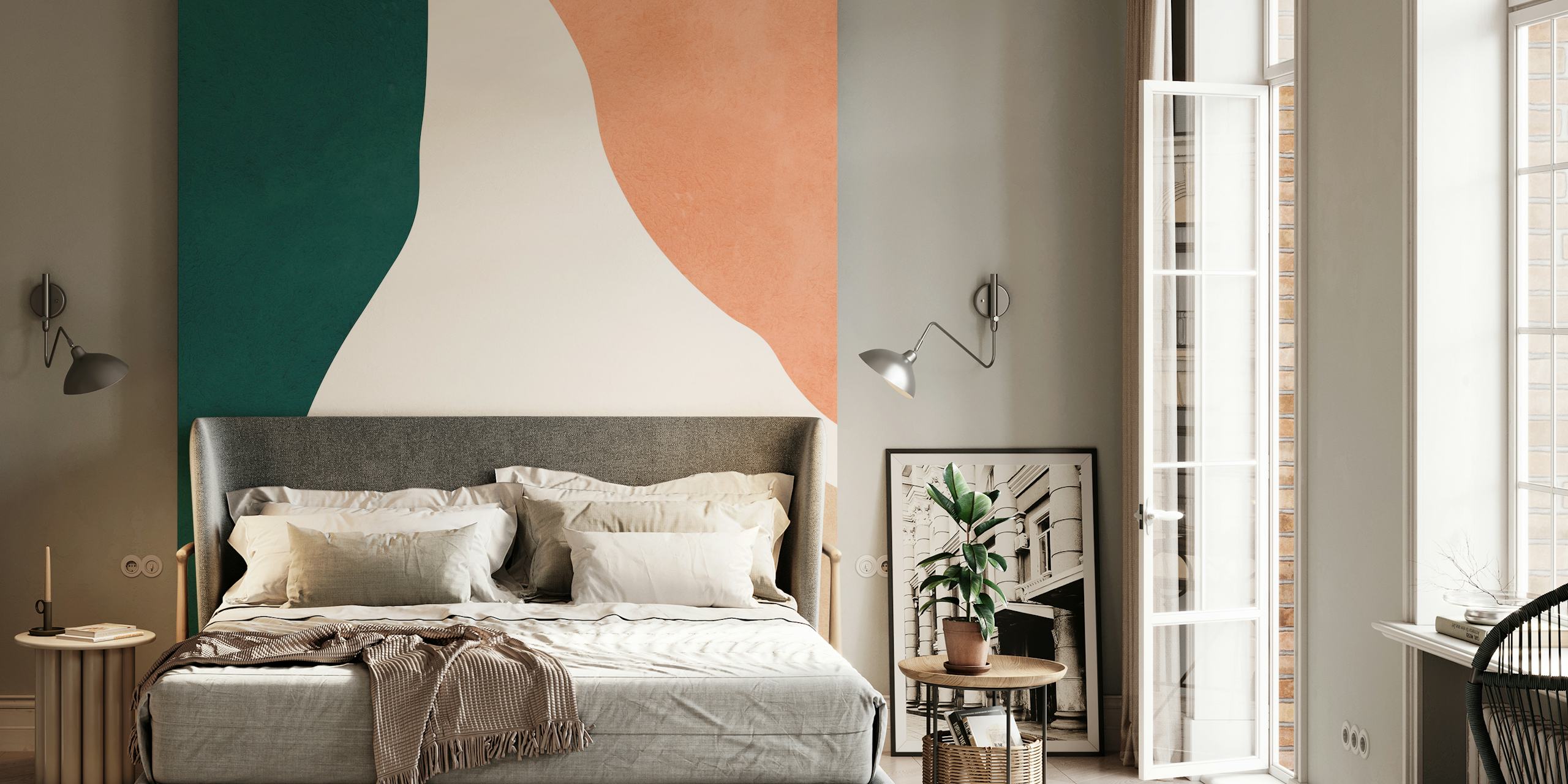 Green, peach, and beige abstract shapes wallpaper