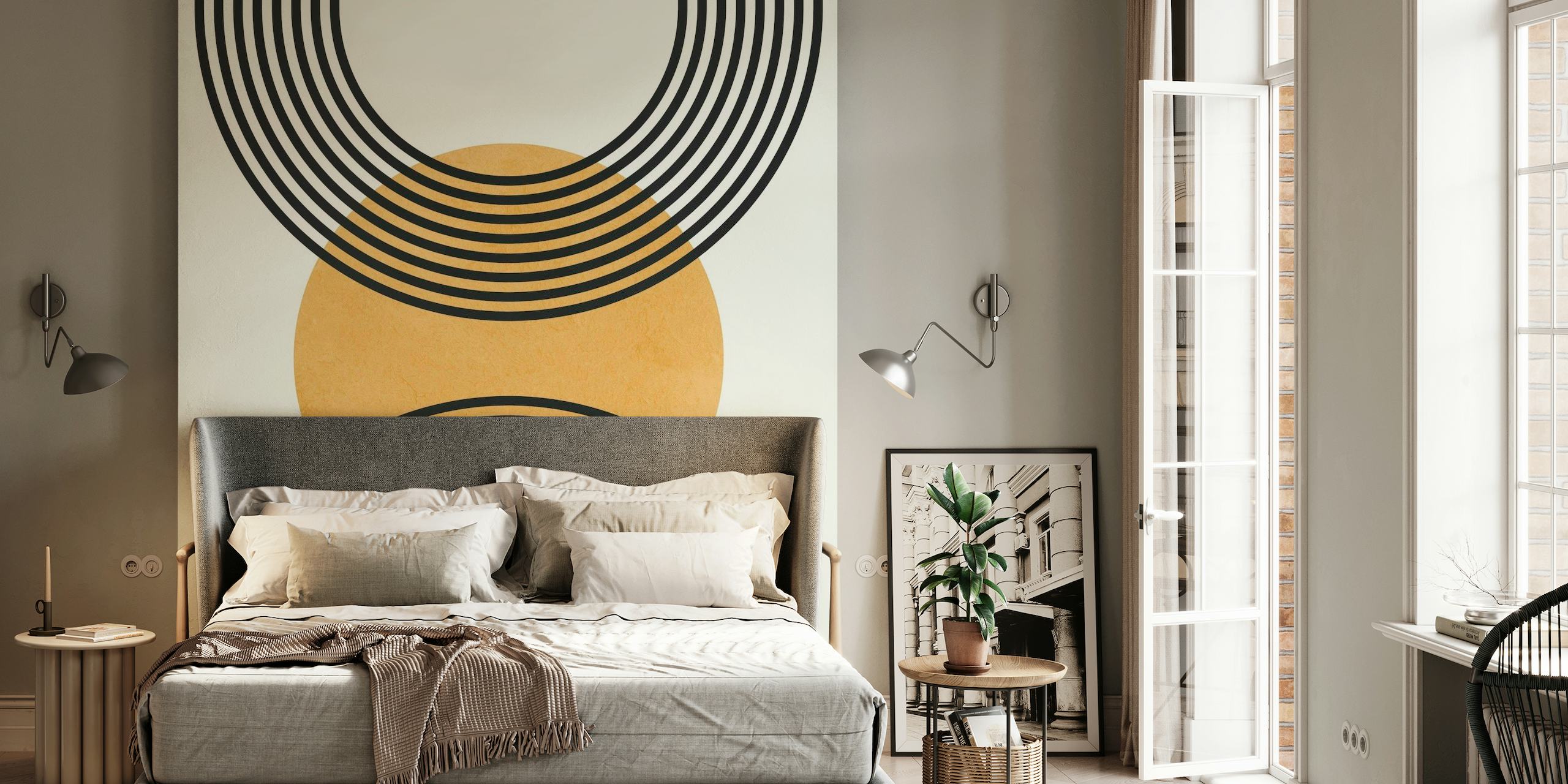 Minimalist lines and circles wall mural in black and gold tones