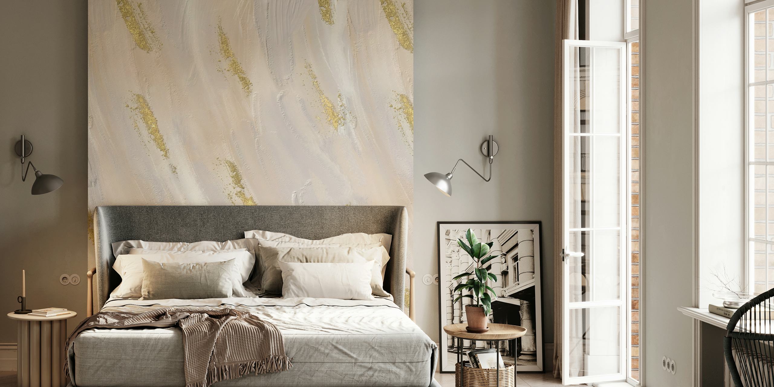 Abstract neutral wall mural with gold streaks adding a touch of luxury and elegance.