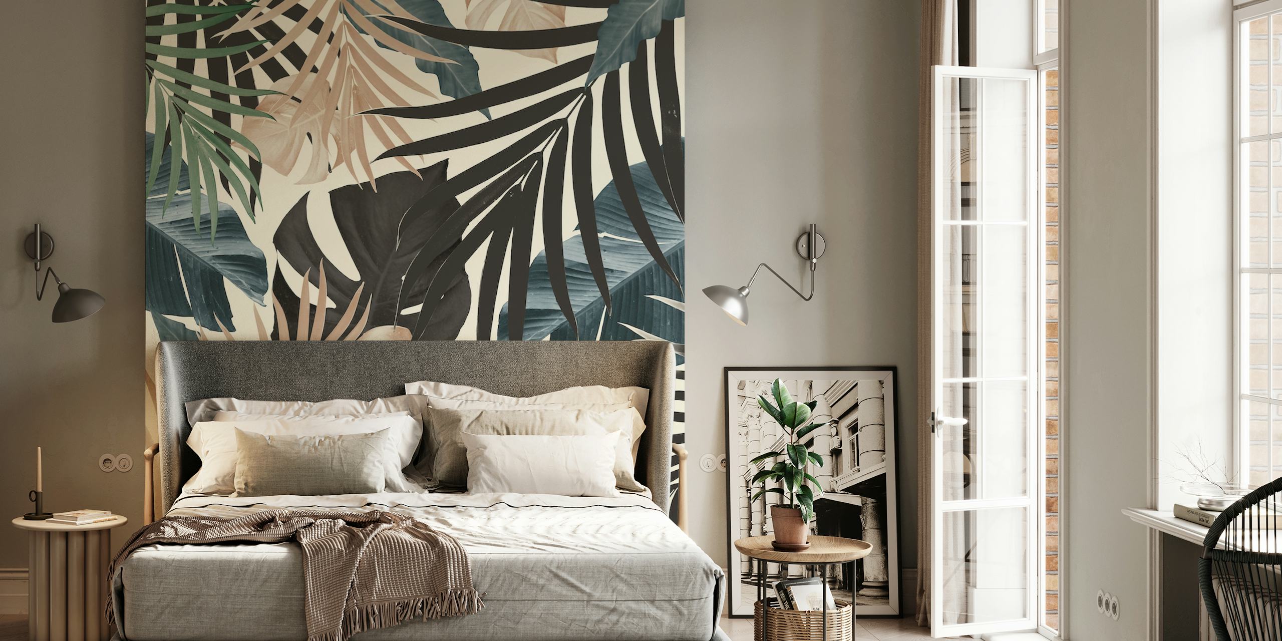 Tropical jungle leaves wallpaper in a room