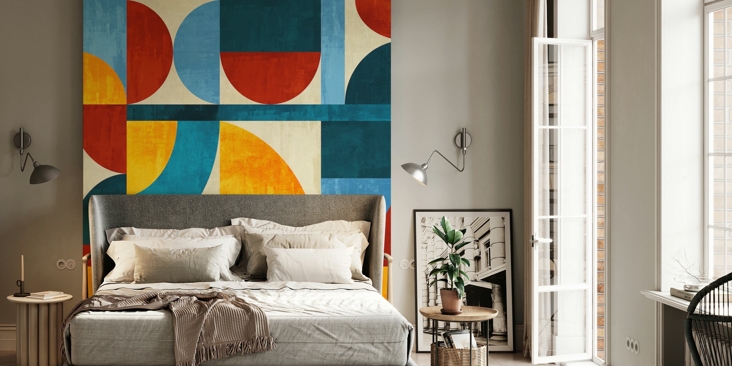 Colorful geometric shapes in red, blue, yellow on a textured background wallpaper