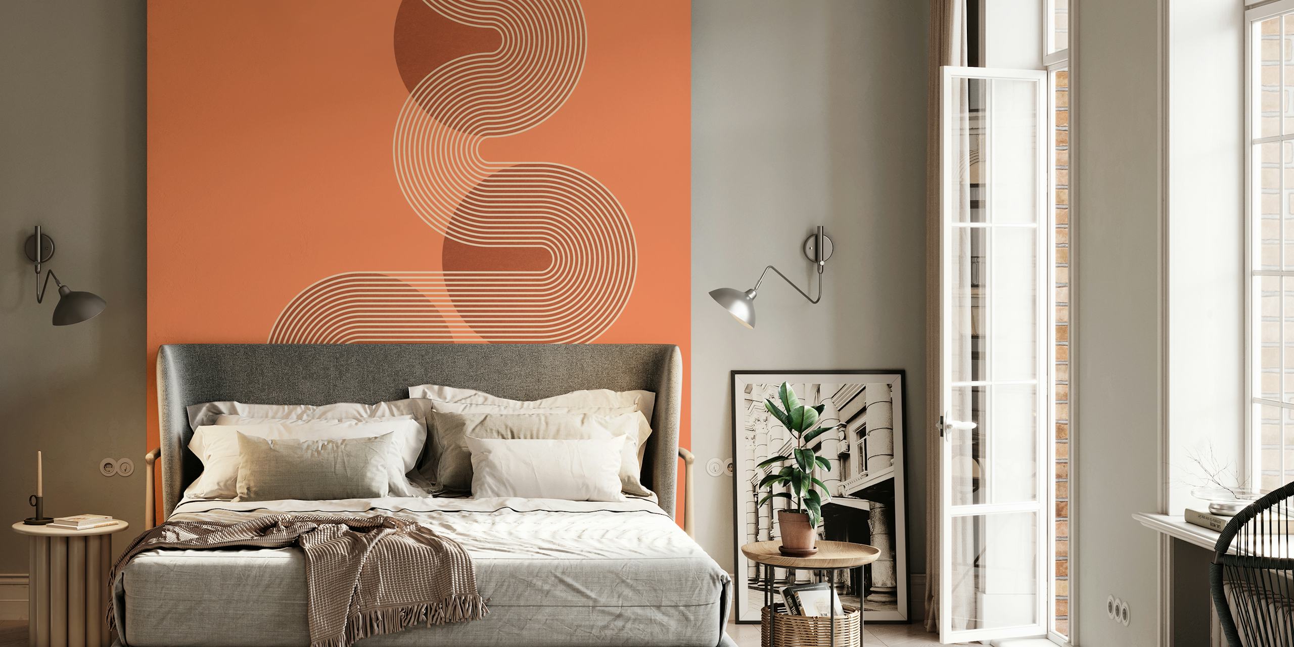 Geometric line pattern in orange and cream wallpaper