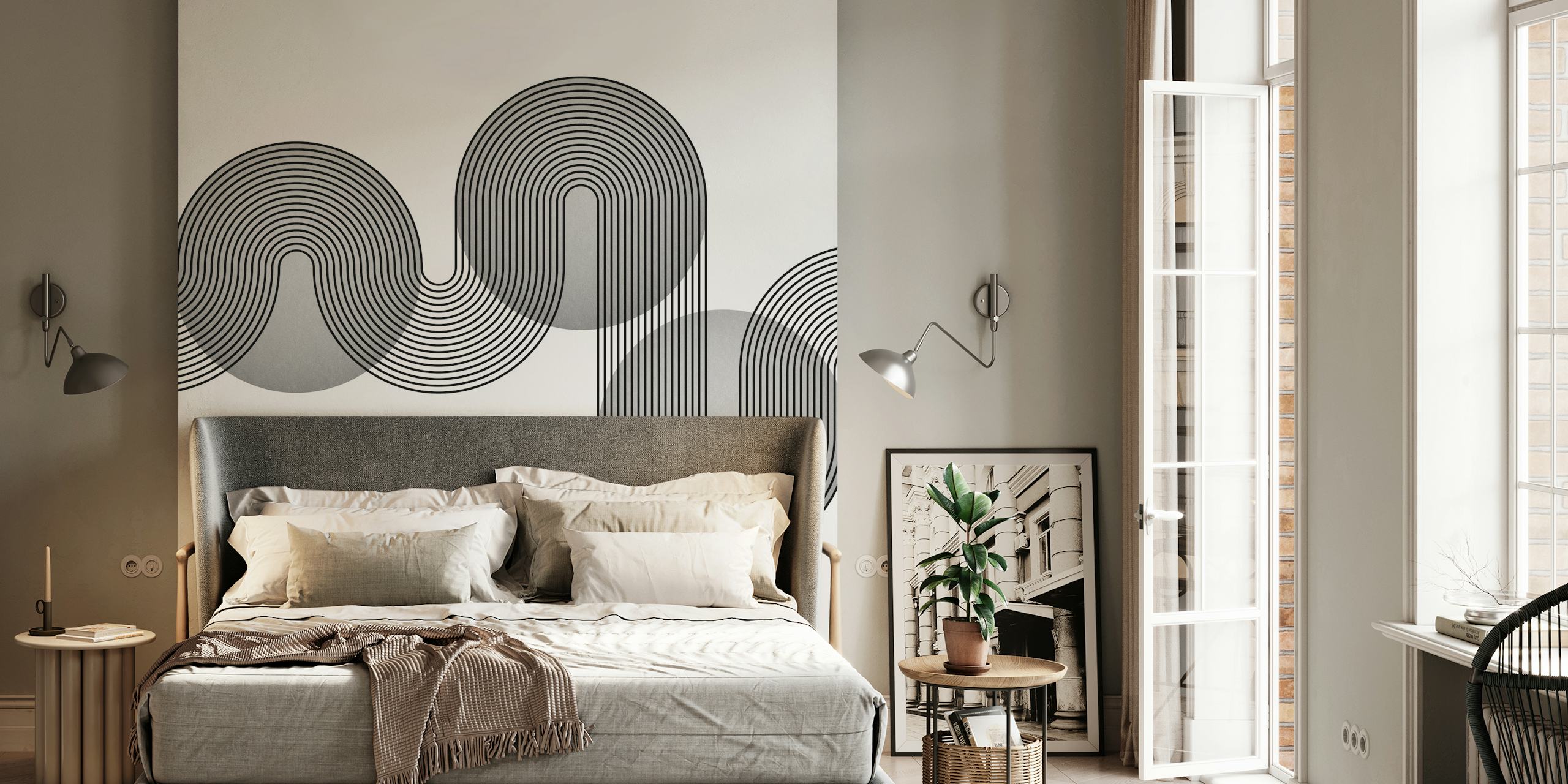 Schwarz-weiße geometrische Tapete mit geschwungenen Linien und Kreisen