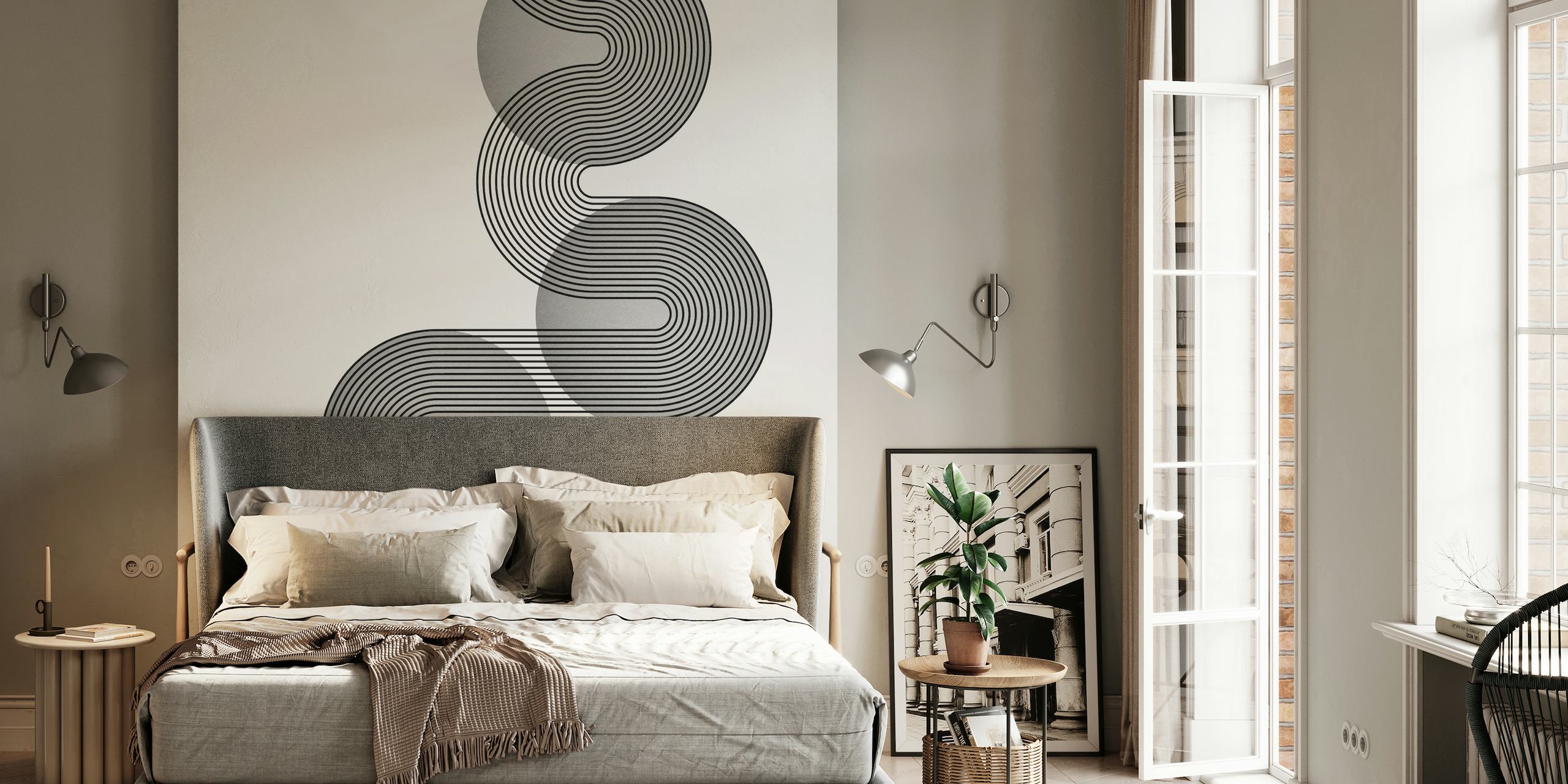 Mural monocromático inspirado en la Bauhaus con formas geométricas entrelazadas en tonos platino