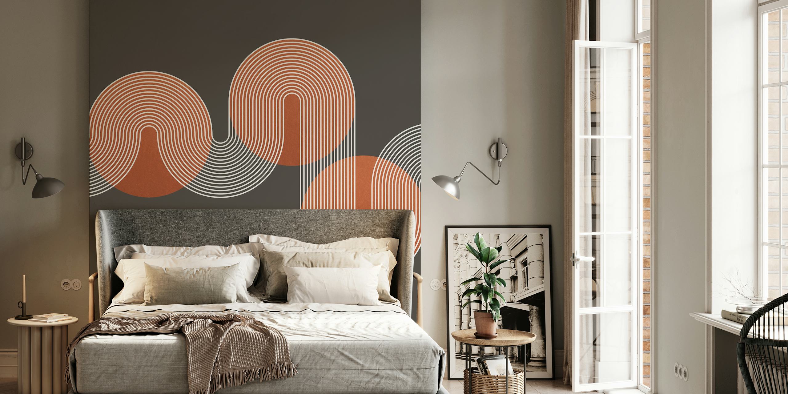 Copper Art Deco wallpaper displayed in a room