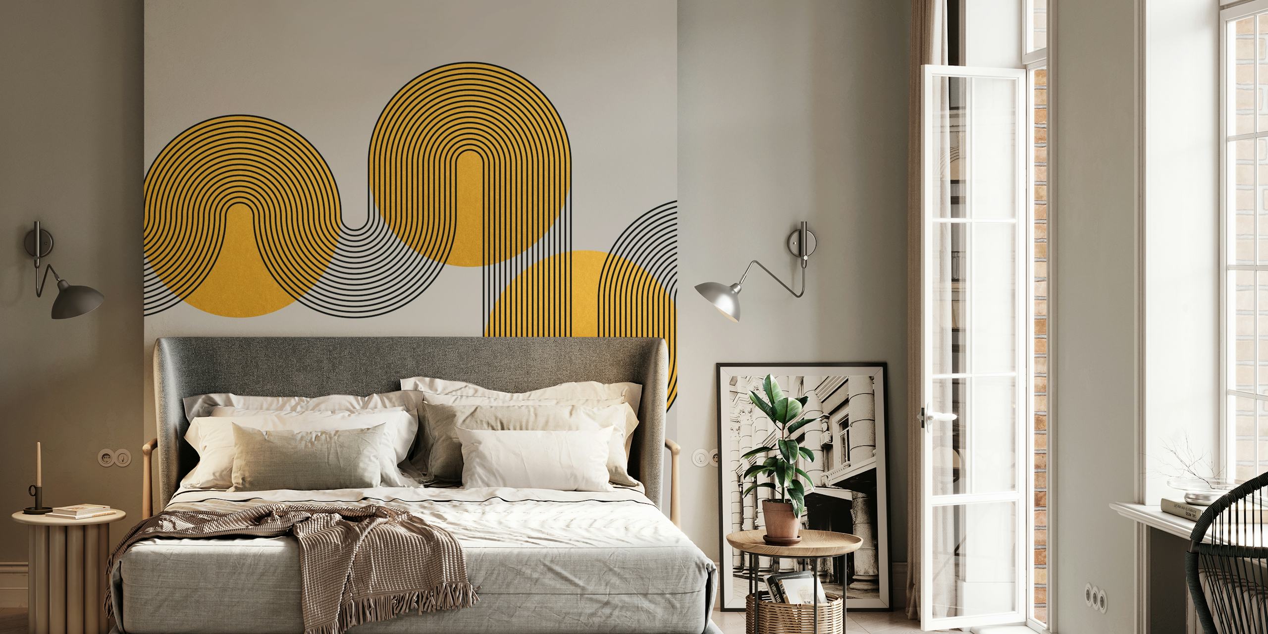 Elegante murale moderno in stile Art Déco con cerchi geometrici e accenti dorati