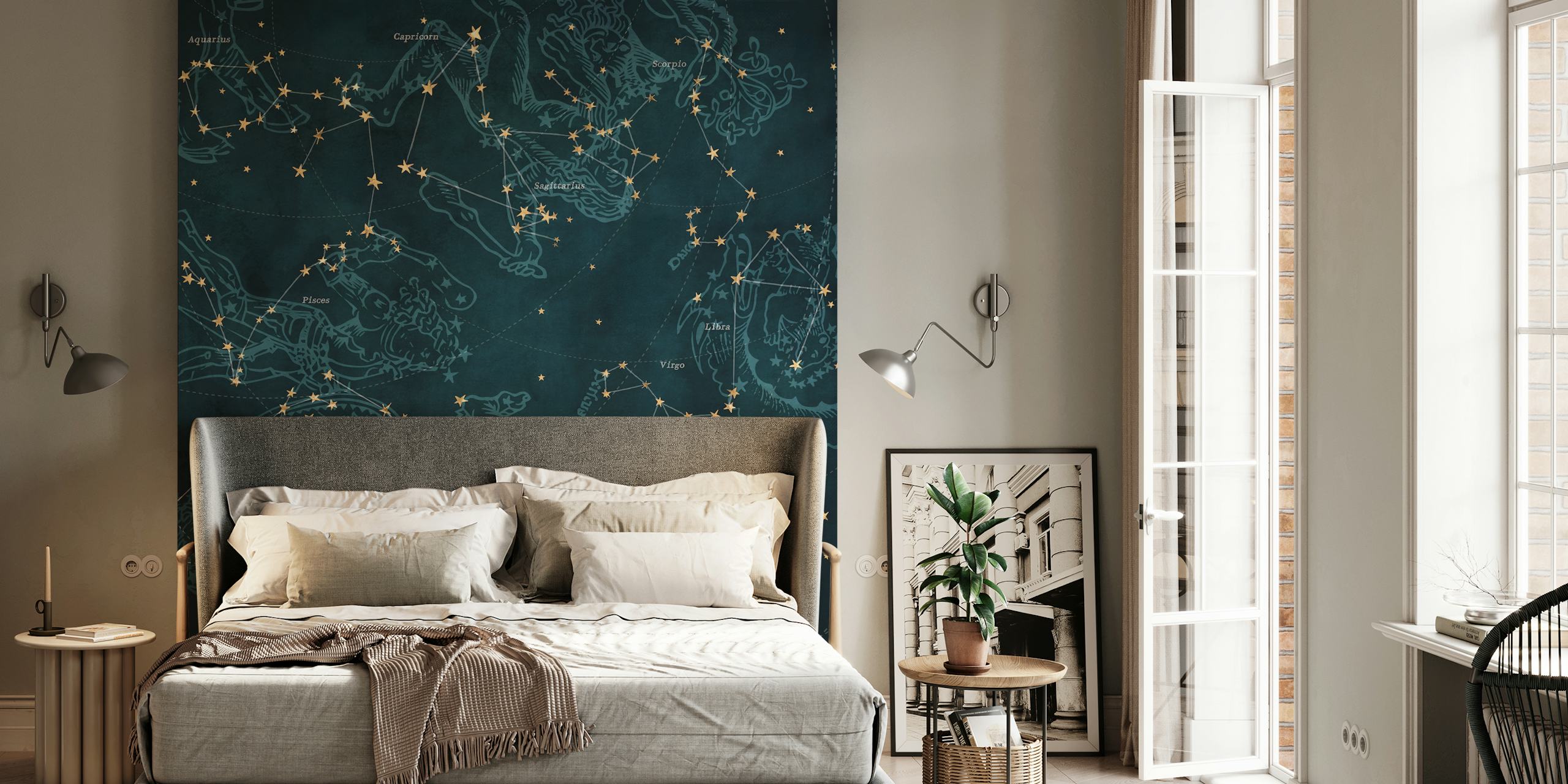Petrol starry constellation wallpaper with gold outlines in celestial style