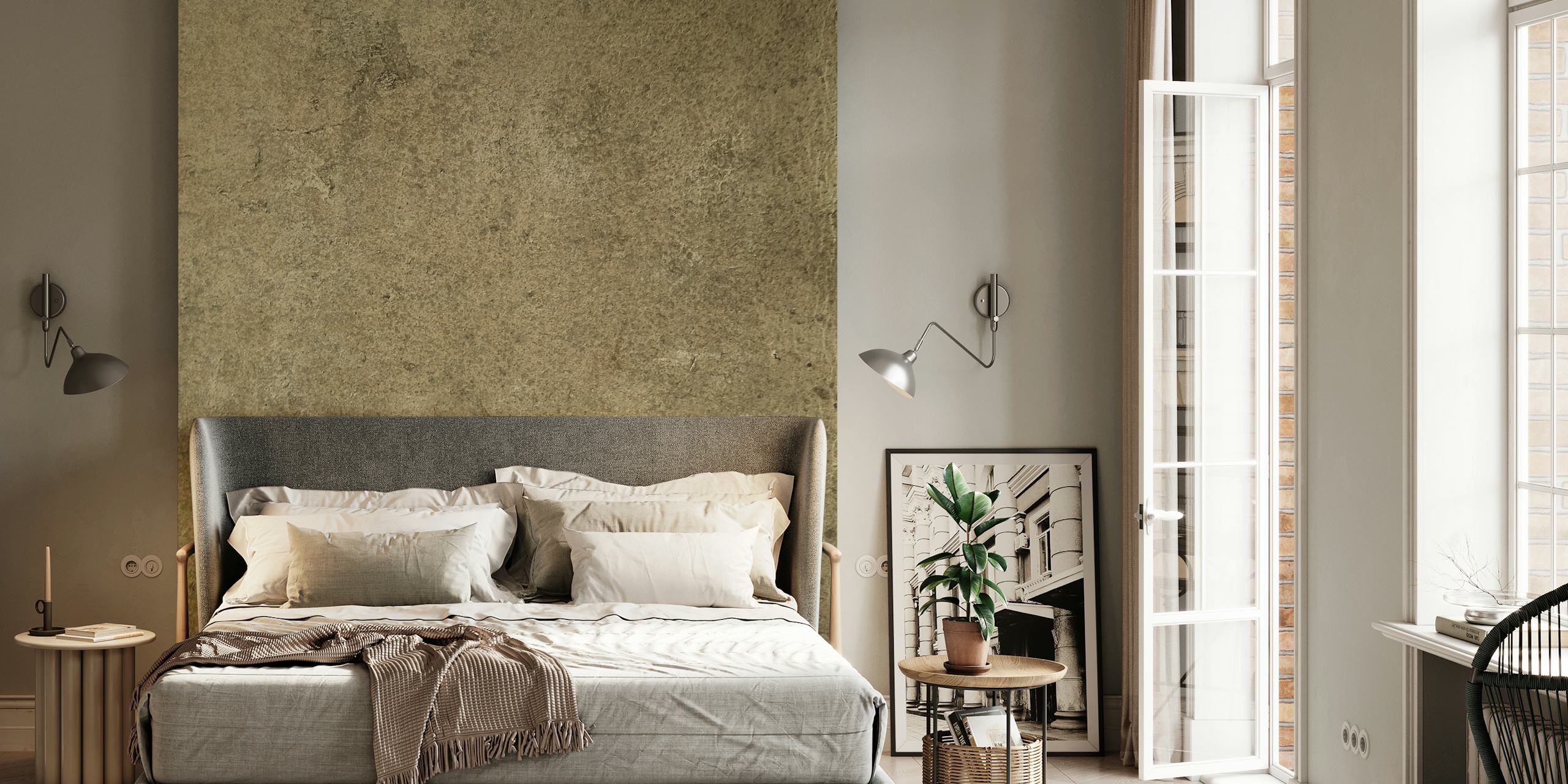 Textured aged leather look wallpaper in muted browns and grays