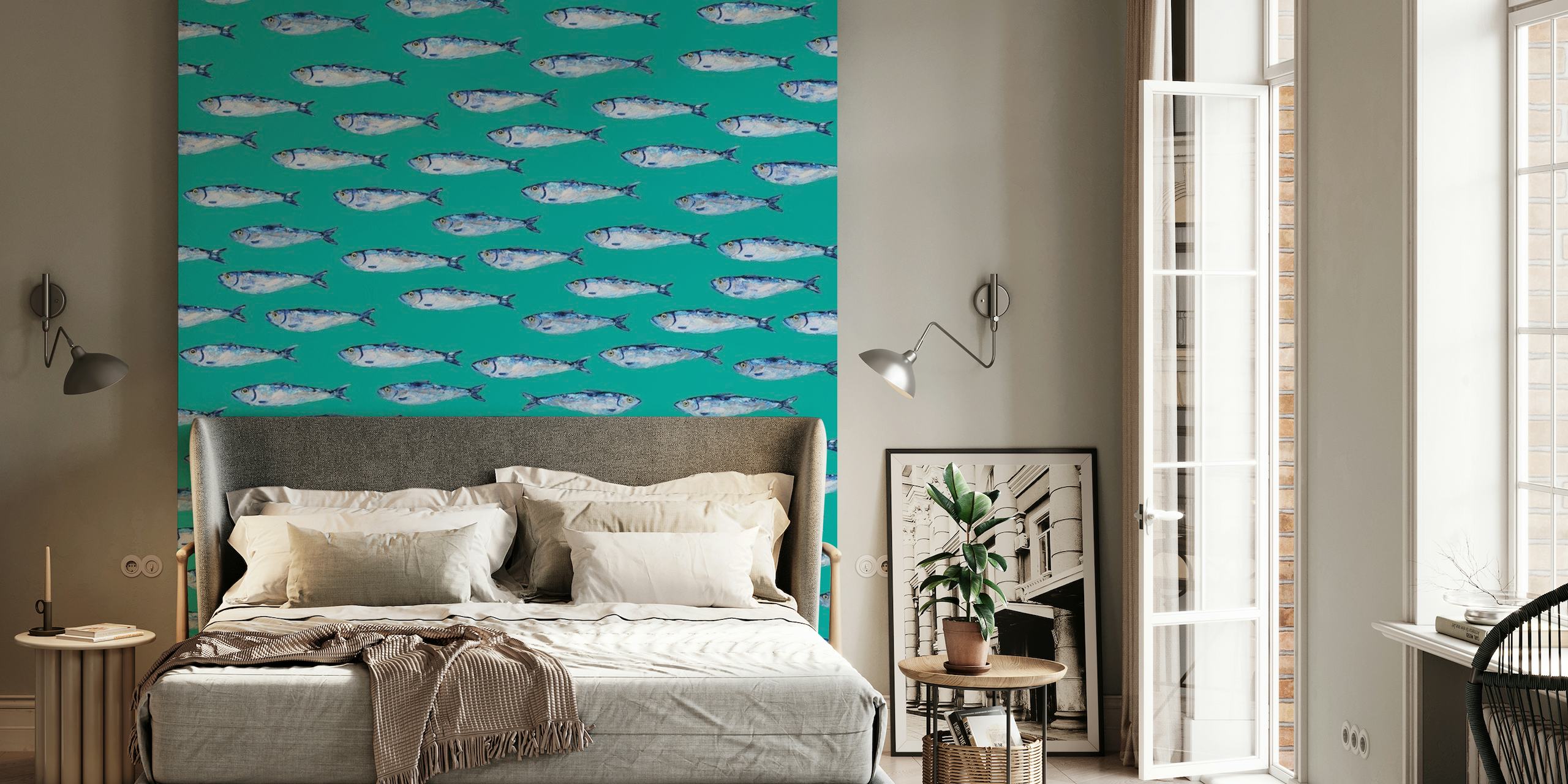 Motivo con sardine argentate su un murale con sfondo verde acqua