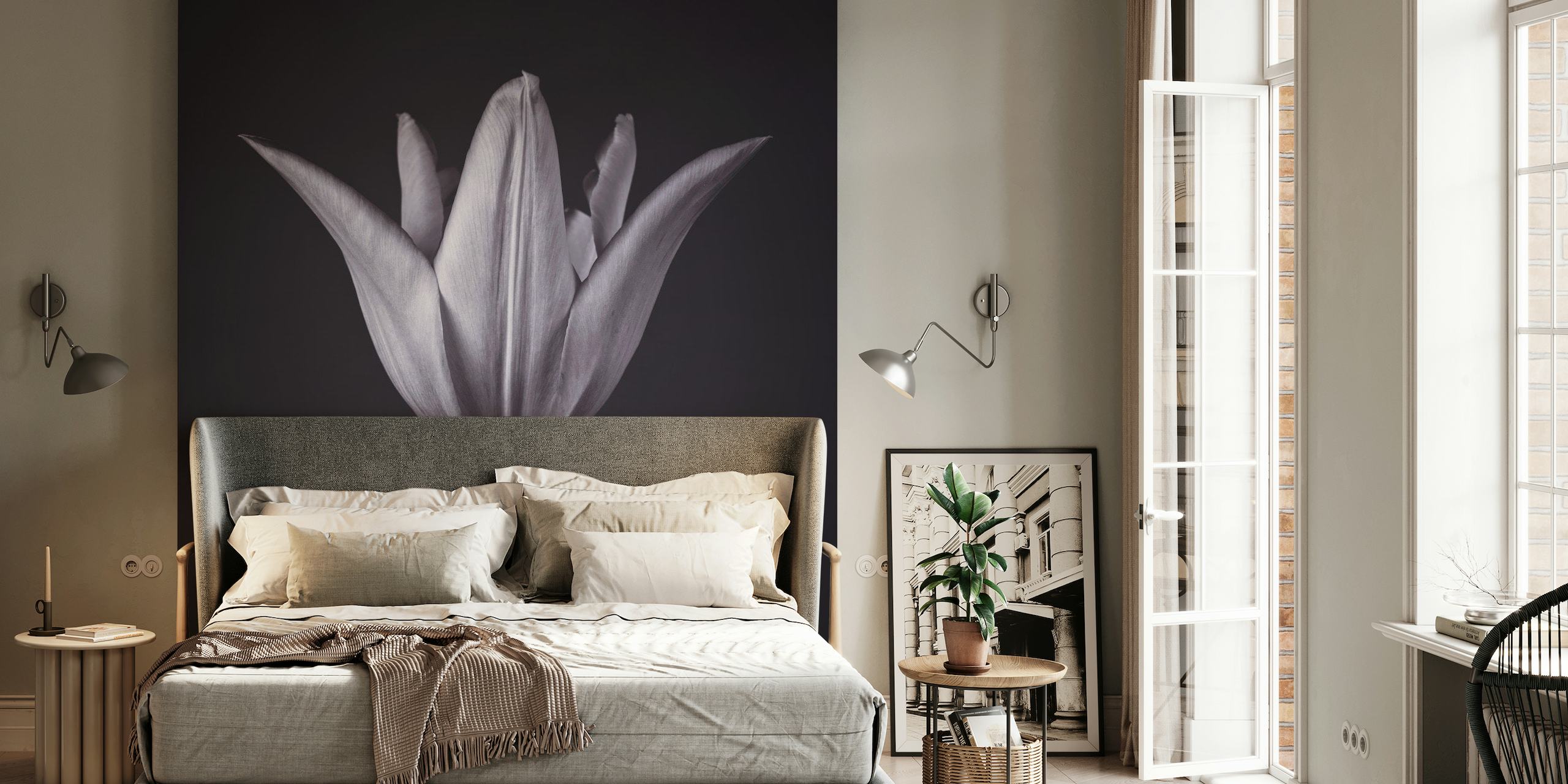 Single grayscale blossom wall mural