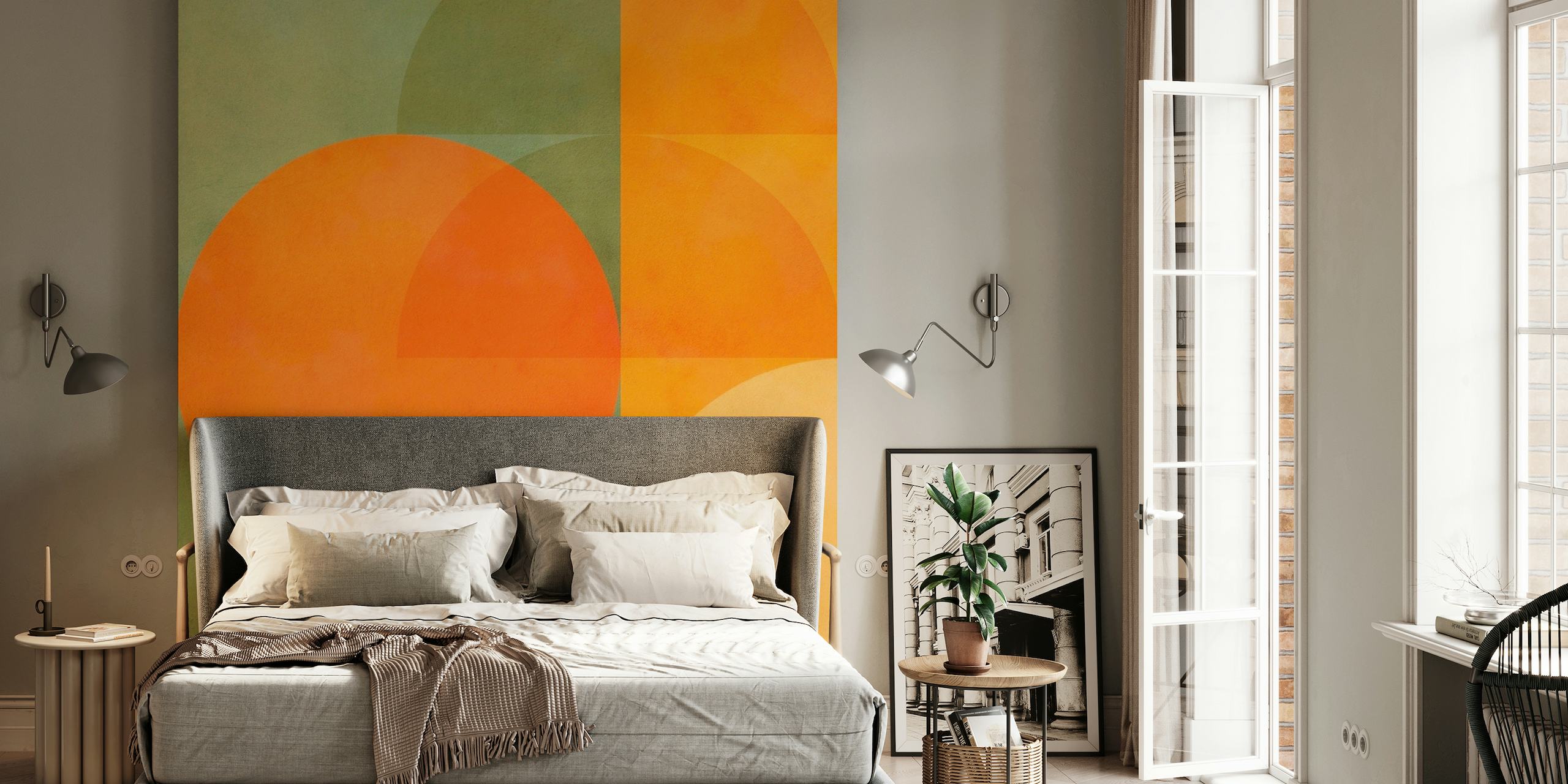 Mid-Century Fall Colours 2 wall mural featuring warm autumn hues and geometric circles