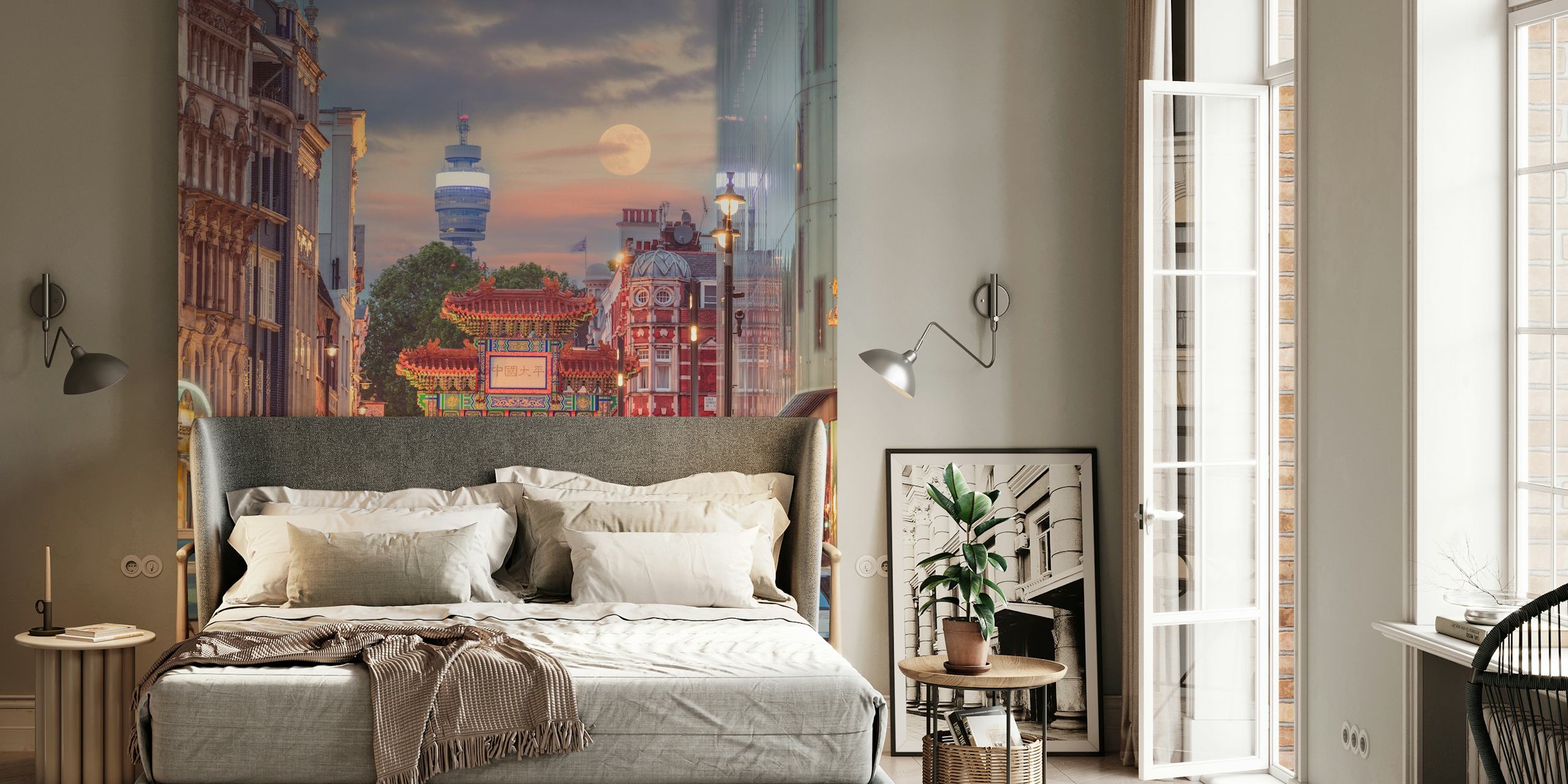 Chinatown street view with sunset and neon lights wall mural