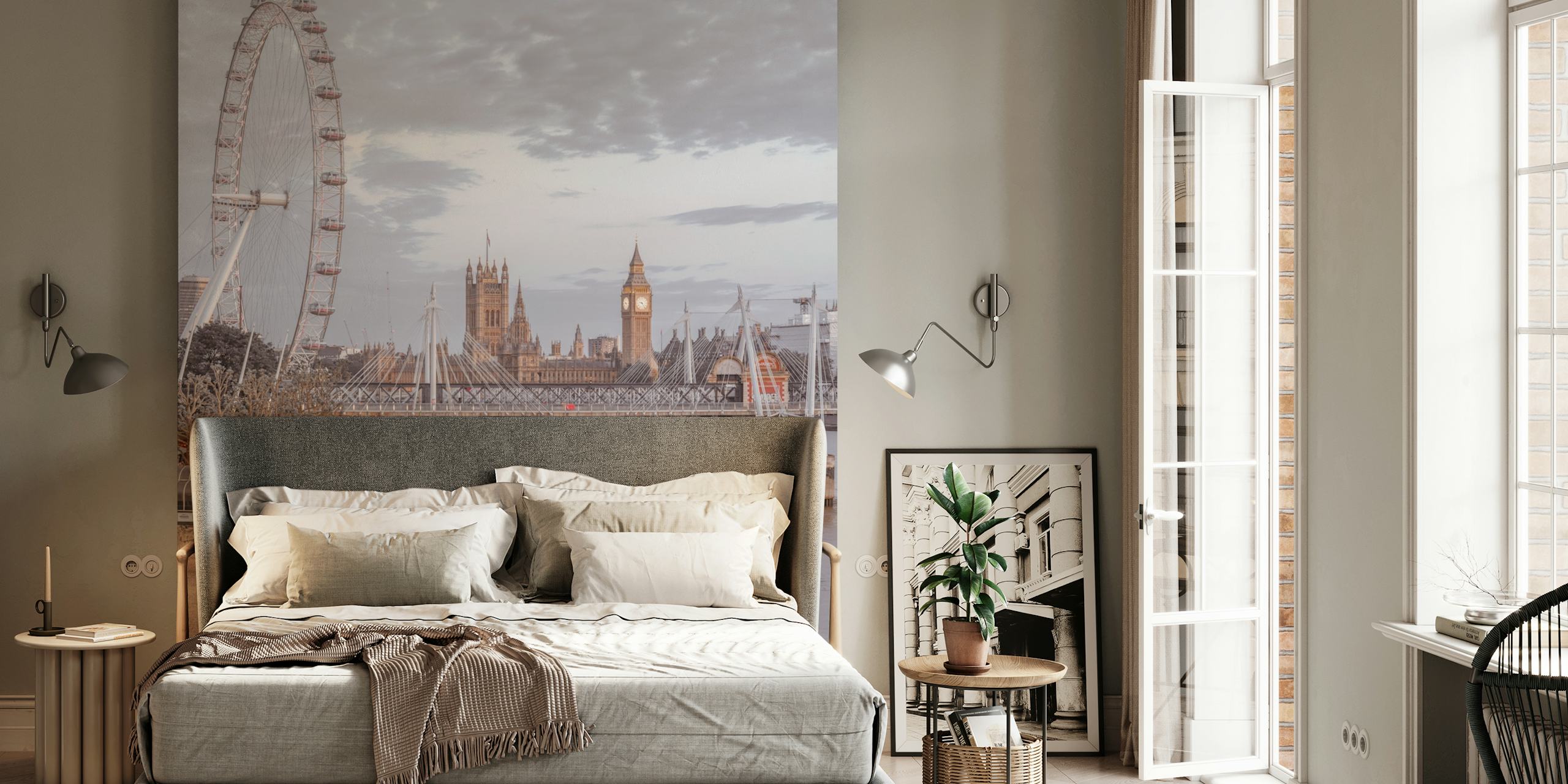 London cityscape featuring the River Thames, London Eye, and Big Ben in soft gray tones wallpaper