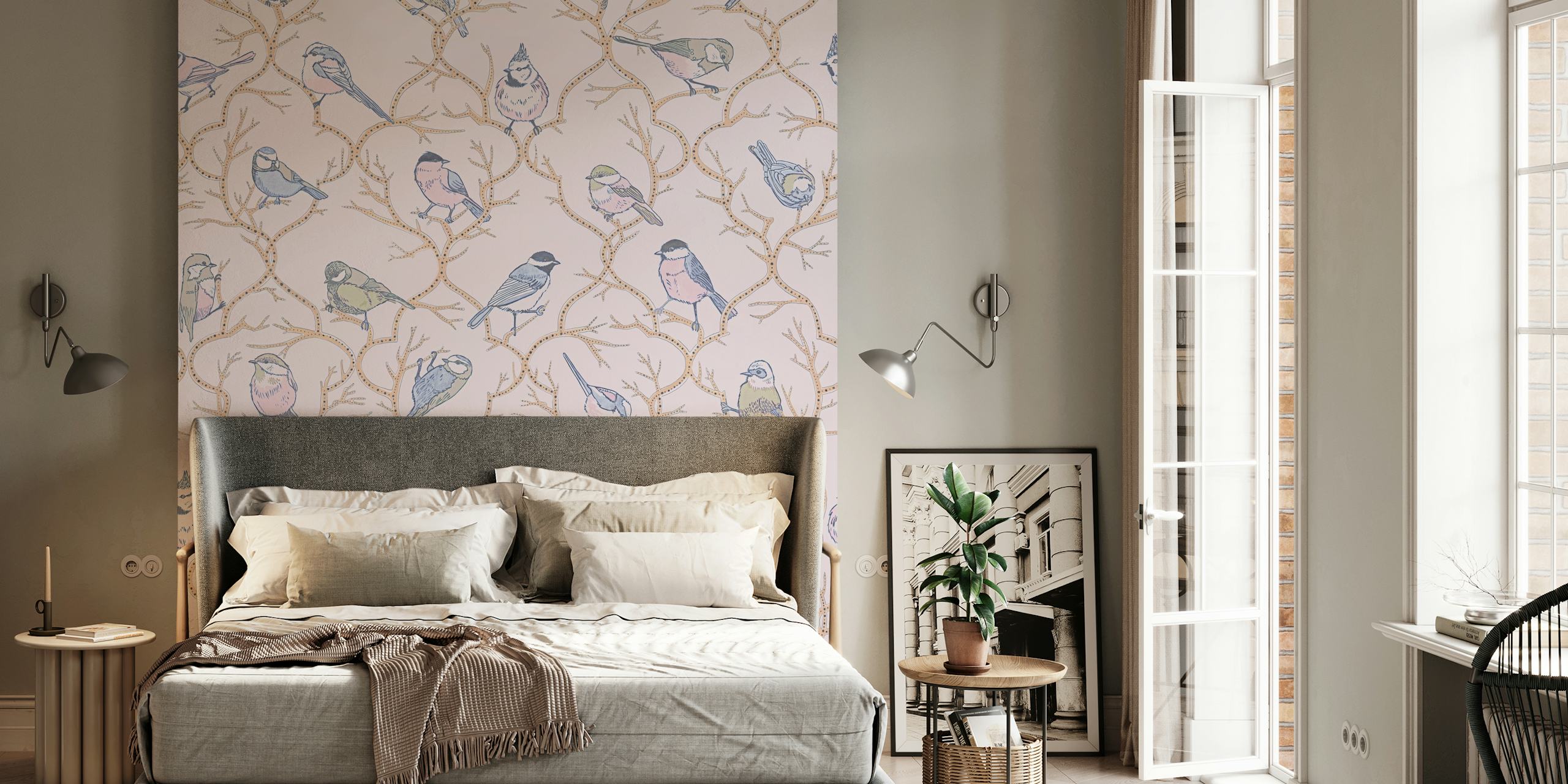 Ταπετσαρία Garden Birds εκτεθειμένη σε ένα δωμάτιο