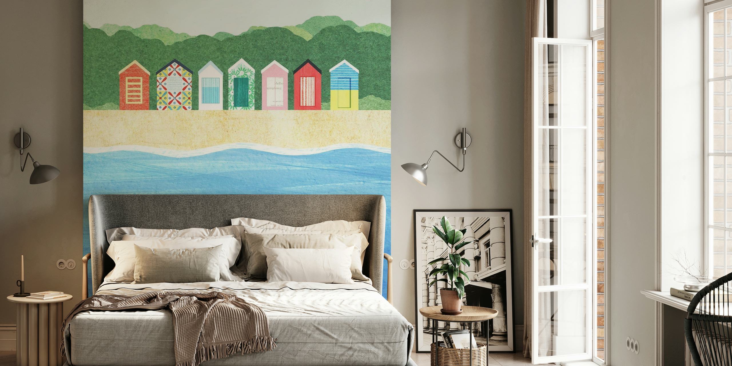 Farbenfrohes Wandbild mit Strandhütten, die Strandhütten mit ruhigem Meerblick zeigen.
